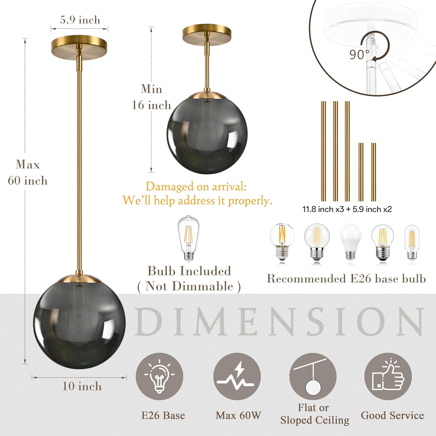 Bagood 10 Inch Globe Pendant Light Gold Globe Pendant Lights Kitchen Island Mid Century Light Fixture with Gray Clear Glass Contemporary Adjustable Hanging Lights for Dining Room (Bulb Included)