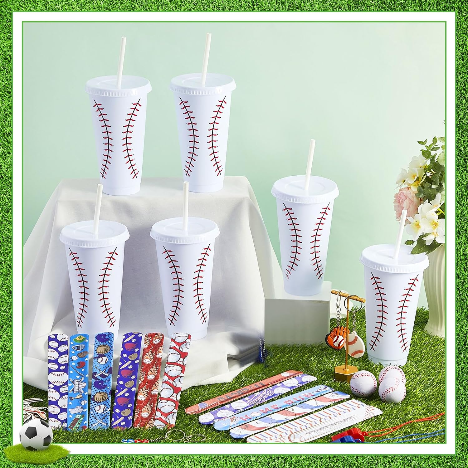 122 Pcs Baseball Party Favors Baseball Gift Set Includes Cups with Straw Mini Stress Ball Keychains Slap Bracelets Whistles Stickers Pens for Birthday Party Supplies - Image 4