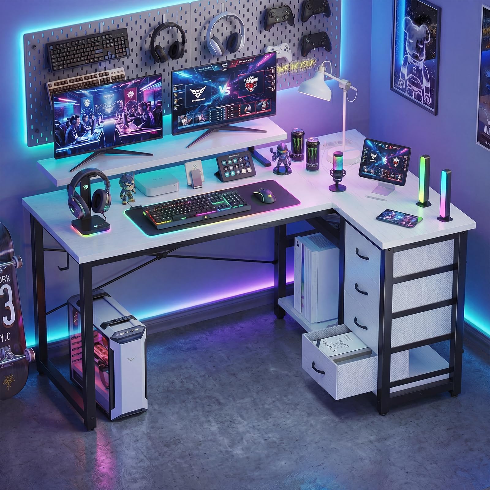 JUMMICO Scrivania a forma di L con 4 cassetti in tessuto, scrivania angolare reversibile con 2 prese e 2 porte USB, scrivania per computer a forma di L, per home office gaming, bianco, 160 x 80 cm