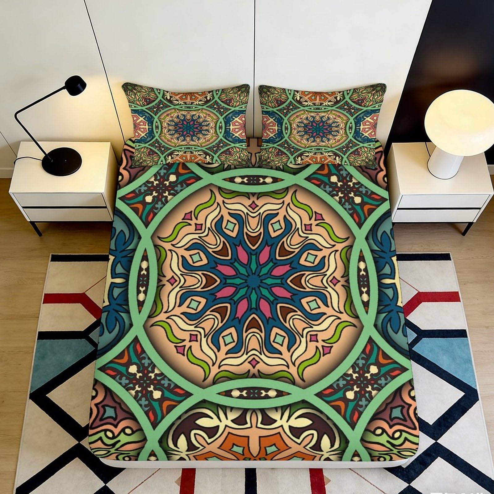 3D Printed Mandala Boho Fitted Sheet Microfiber Soft Colorful Mosaic Mattress Cover Non-slip Bedroom Decor Easy Care 160x200x25cm