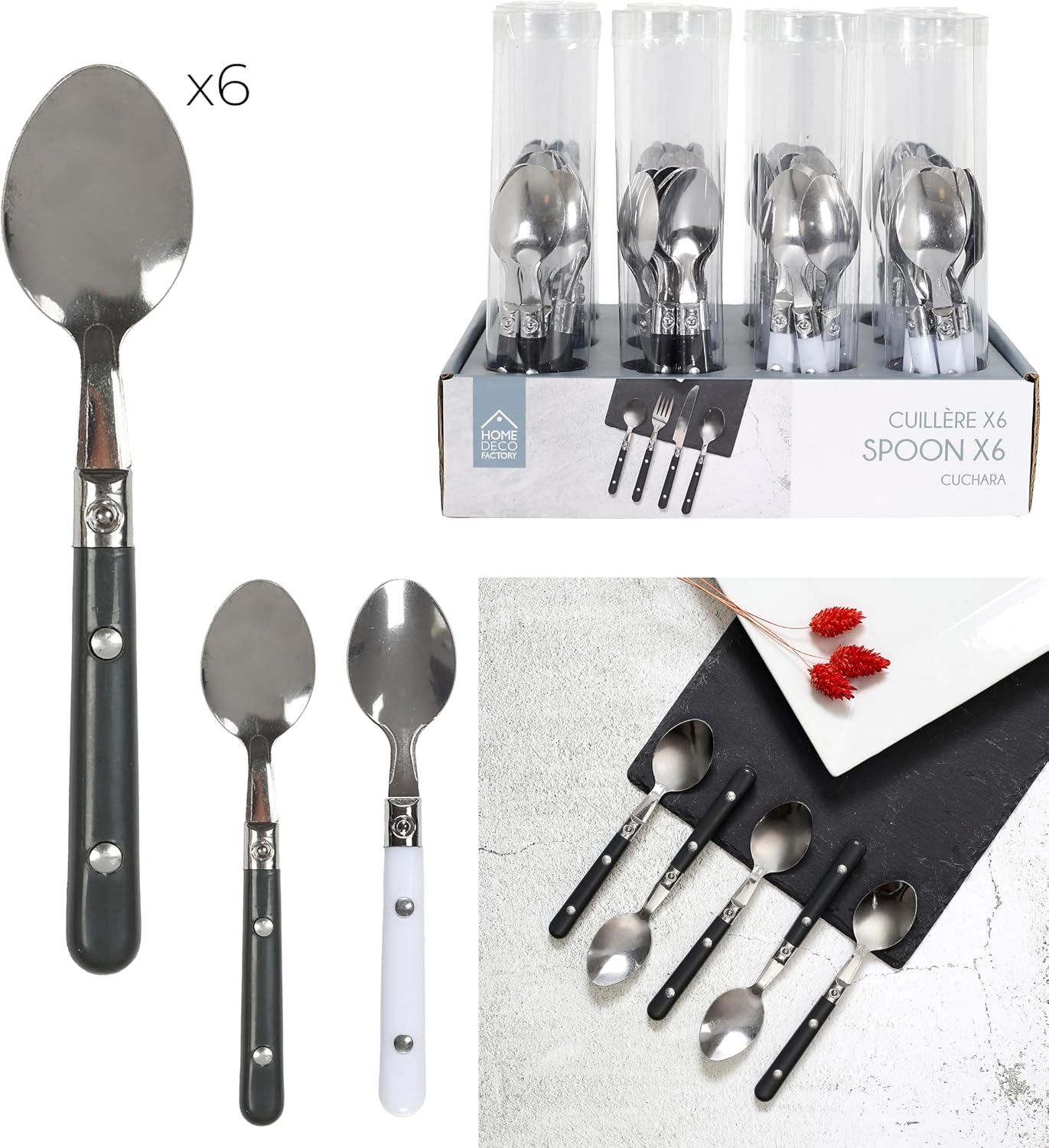 HOME DECO FACTORY, KA0531, Set of 6 Stainless Steel Dessert Spoons, Modern and Elegant Design, Ergonomic and Easy to Clean, Your Meals, Grey, Black, White