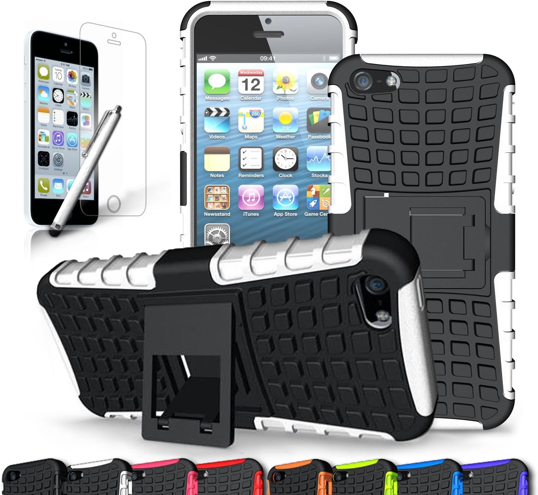 CINEYO(TM) Apple iPhone SE Case / iPhone 5/5S Case heavy Duty Rugged Dual Layer Case with kickstand (Apple iPhone SE Case / Iphone 5/5S Black) (White)