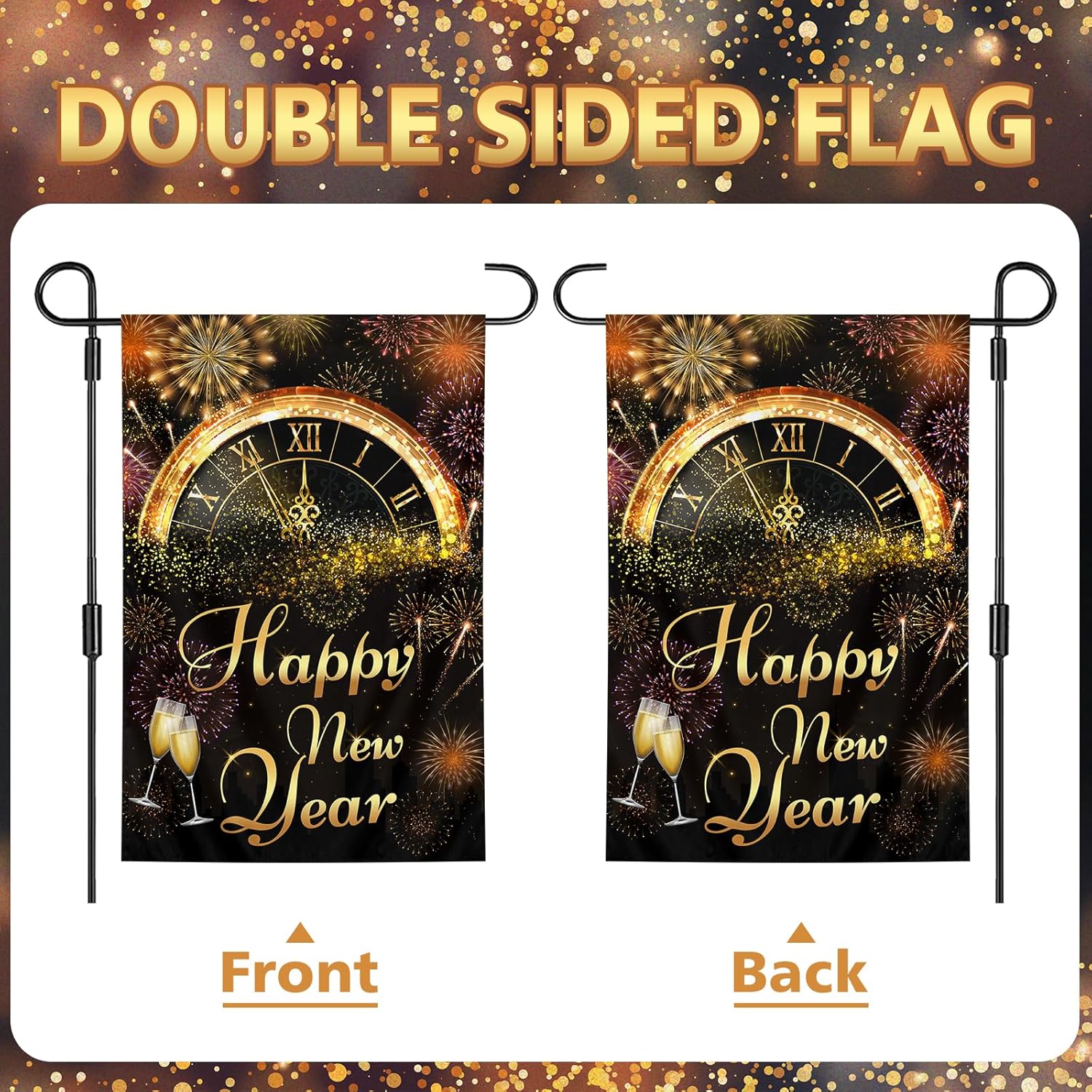Happy New Year Garden Flag, 12x18 Inch Double-Sided Holiday Outside Yard Flags Flag, Black Background Fireworks Clock Pattern Courtyard Decoration - Image 3