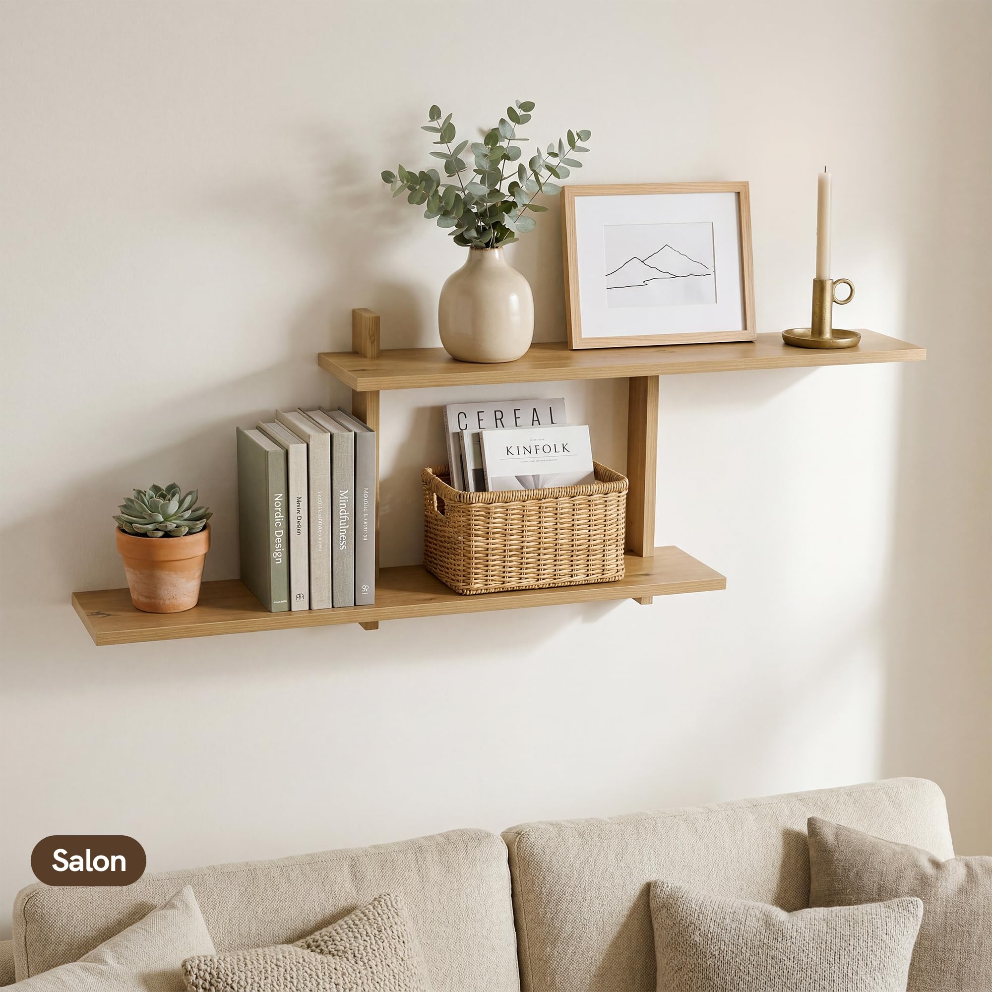 Afuly Étagère Murale Réglable 2 Niveaux Chêne Blanc pour Salon Déco, 80 cm | Étagères flottantes réglables, pour livres, plantes et cadres, salon, chambre, cuisine et salle de bain