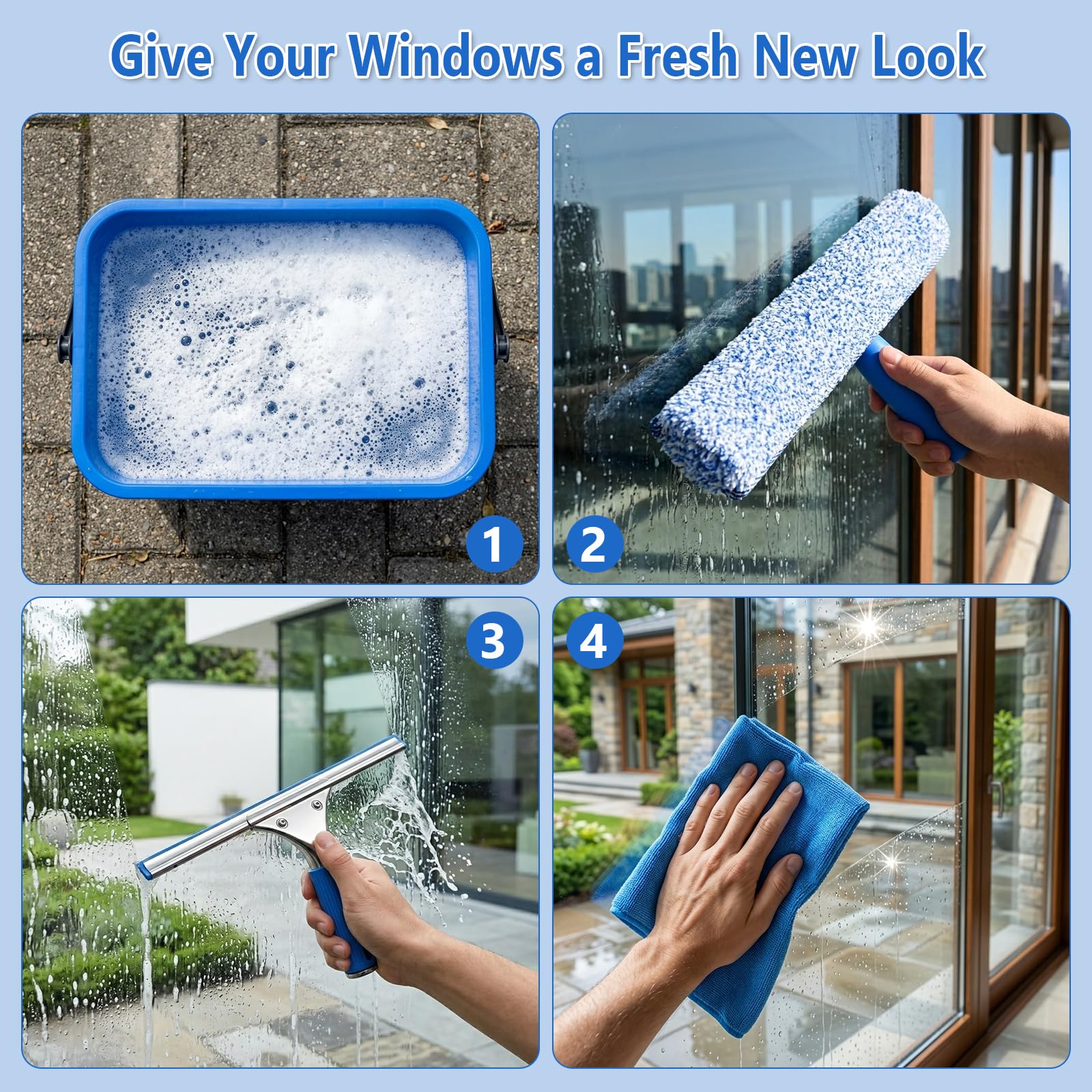 Fensterreiniger Set mit 12L Eimer, Profi Fensterputzer mit 35CM Fensterwischer & Fenster Einwascher, 5-teiliger Montagestiel, Mikrofasertuch, Fensterreinigungsset für Fenster, Glas, Dusche und Haus