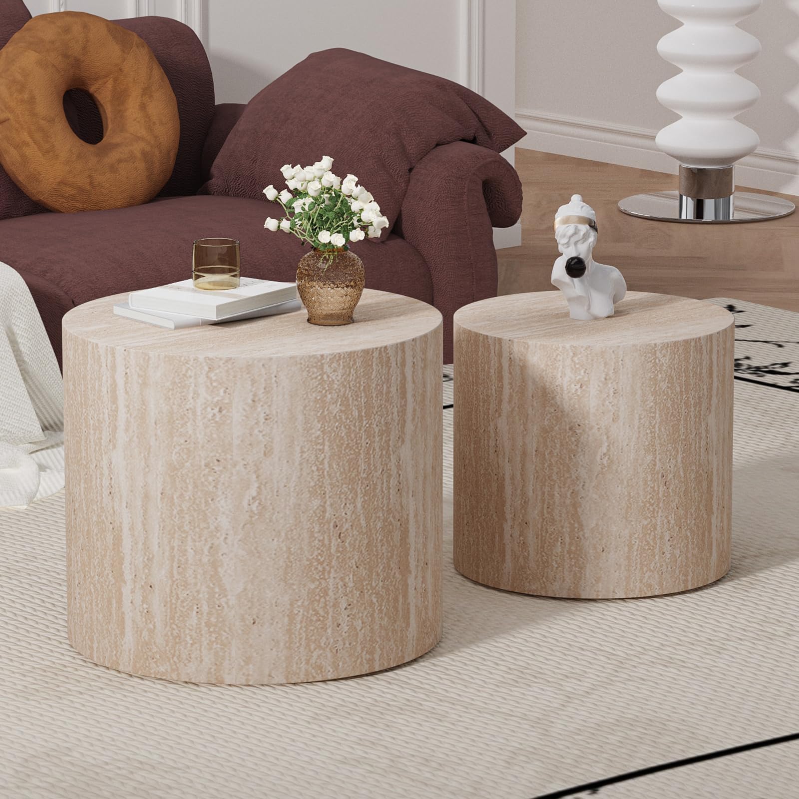 WXFKLDJ Set Di 2 Tavolini Rotondi Impilabili in Legno | Tavolino Moderno A Forma Di Tamburo Con Piedini Antiscivolo; Tavolini D'appoggio Ideali Per Soggiorno E Piccoli Spazi