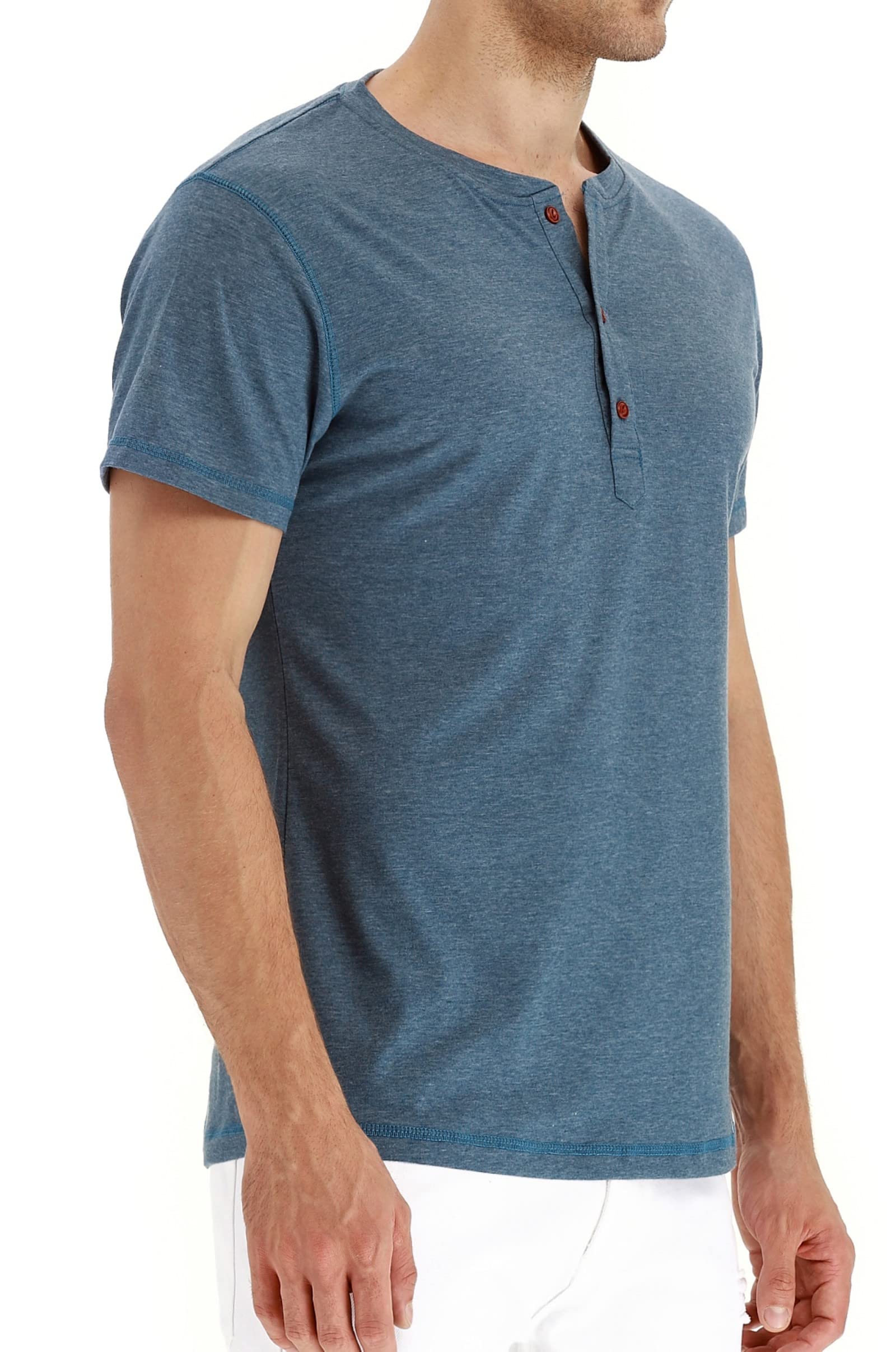 Hisir Tee Shirt Homme en Coton Henley T-Shirt Col Rond avec Manches Courtes et Longues Col Tunisien et Boutons pour Homme