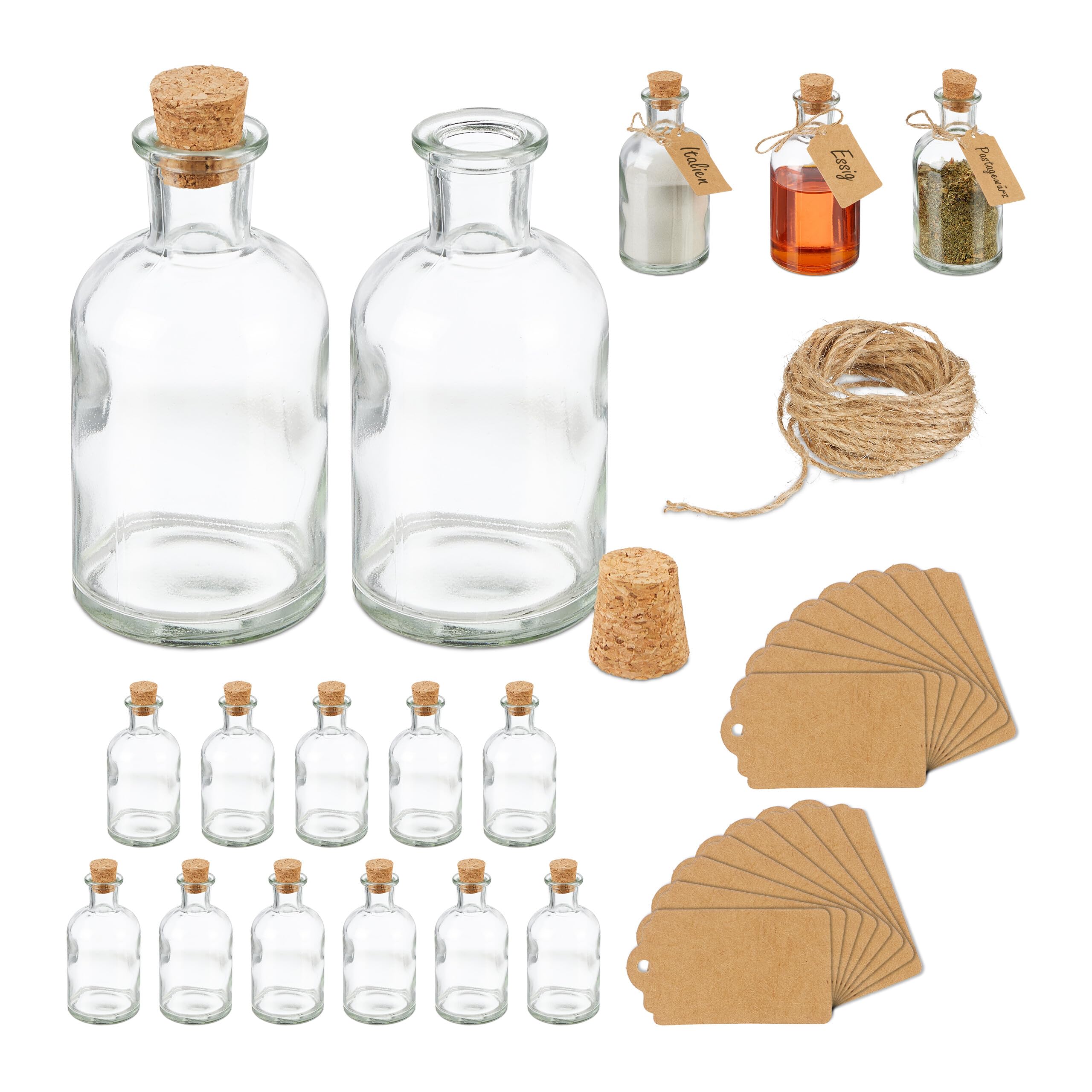 Relaxdays glazen flesjes set van 16, kruidenpotjes met kurk, 125 ml, decoratie potjes, olieflesjes, transparant/natuur