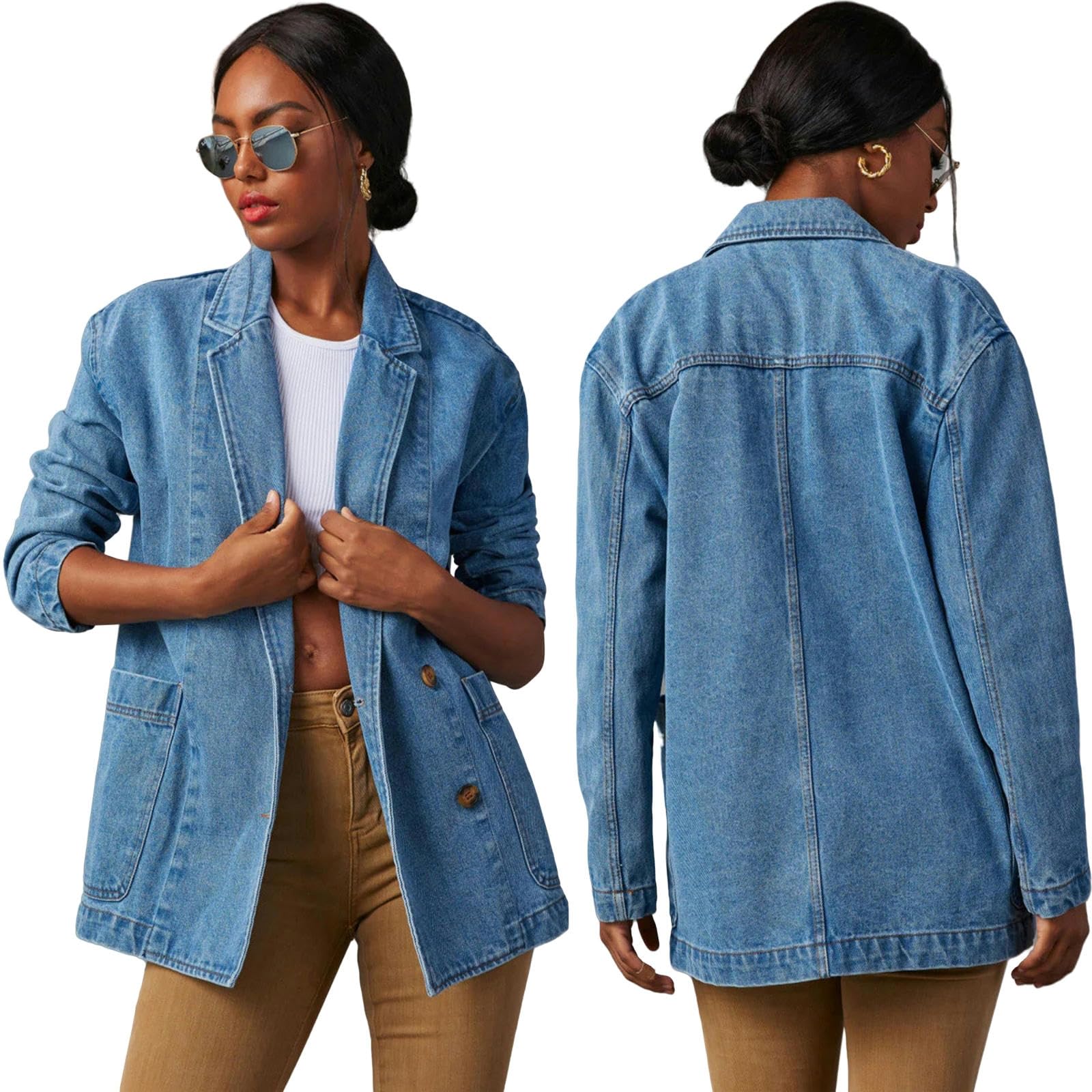 Giacca Jeans Donna Giacca di Denim per Le Donne, Manica Lunga Lapel Washed Denim Giacca delle Donne Suit Denim Giacca-Blu-XXL