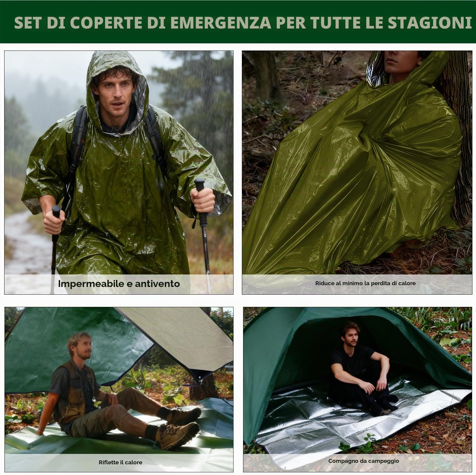 E EASTSTORM Robusta Coperta Termica Emergenza Riutilizzabile con Poncho, 150 * 210 cm Termico Telo Impermeabile, Telone di Tessuto Campeggio per Coprire, Salvataggio Protegge da Freddo, Pioggia