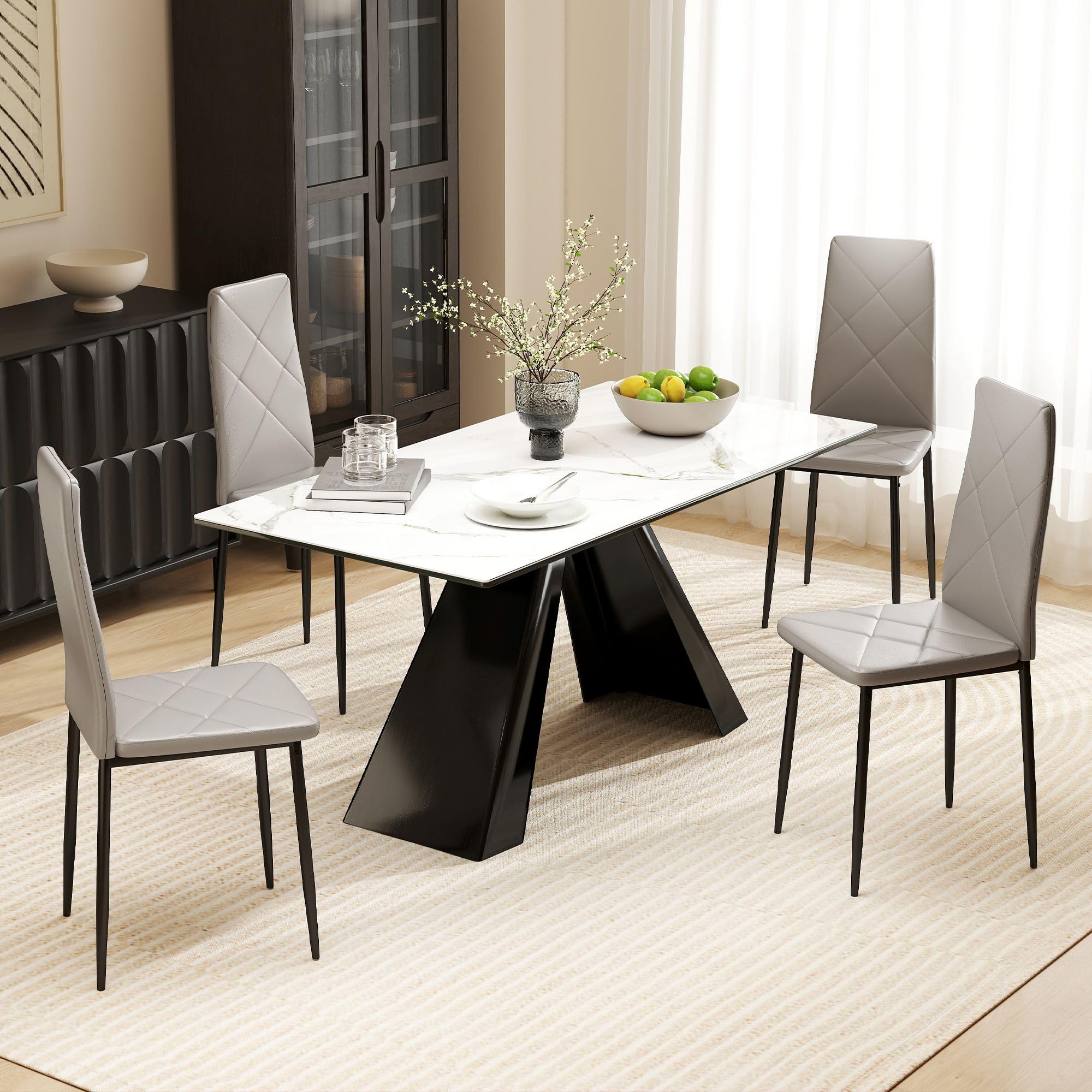 HOMCOM Pack de 4 Sillas de Comedor, Sillas de Cocina Modernas, Tapizadas de Cuero Sintética, Respaldo Alto, Asiento Acolchado, Patas de Acero, Gris