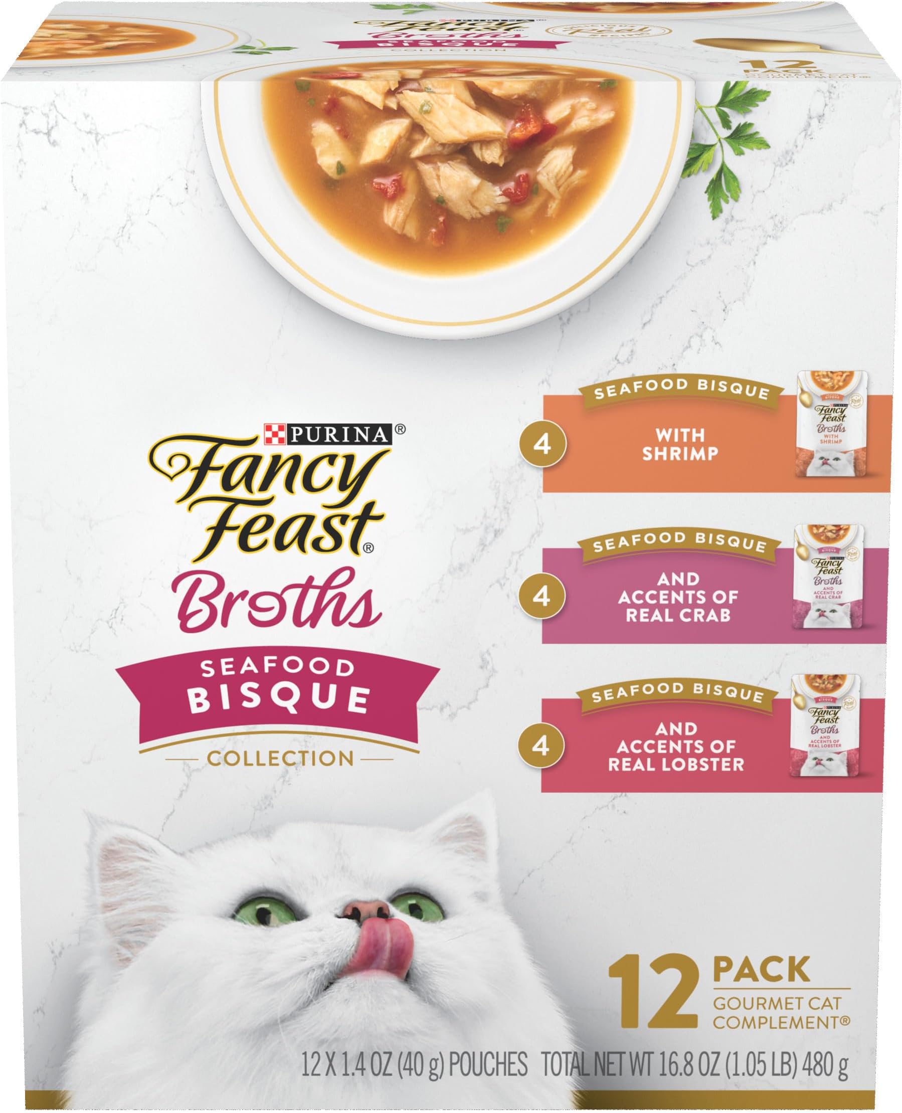 Purina Fancy Feast Broth Seafood Bisque Complement Variety Pack Gourmet Grain-Free Lickable Cat Food Topper, Pack of 12, 1.4 oz. Pouches