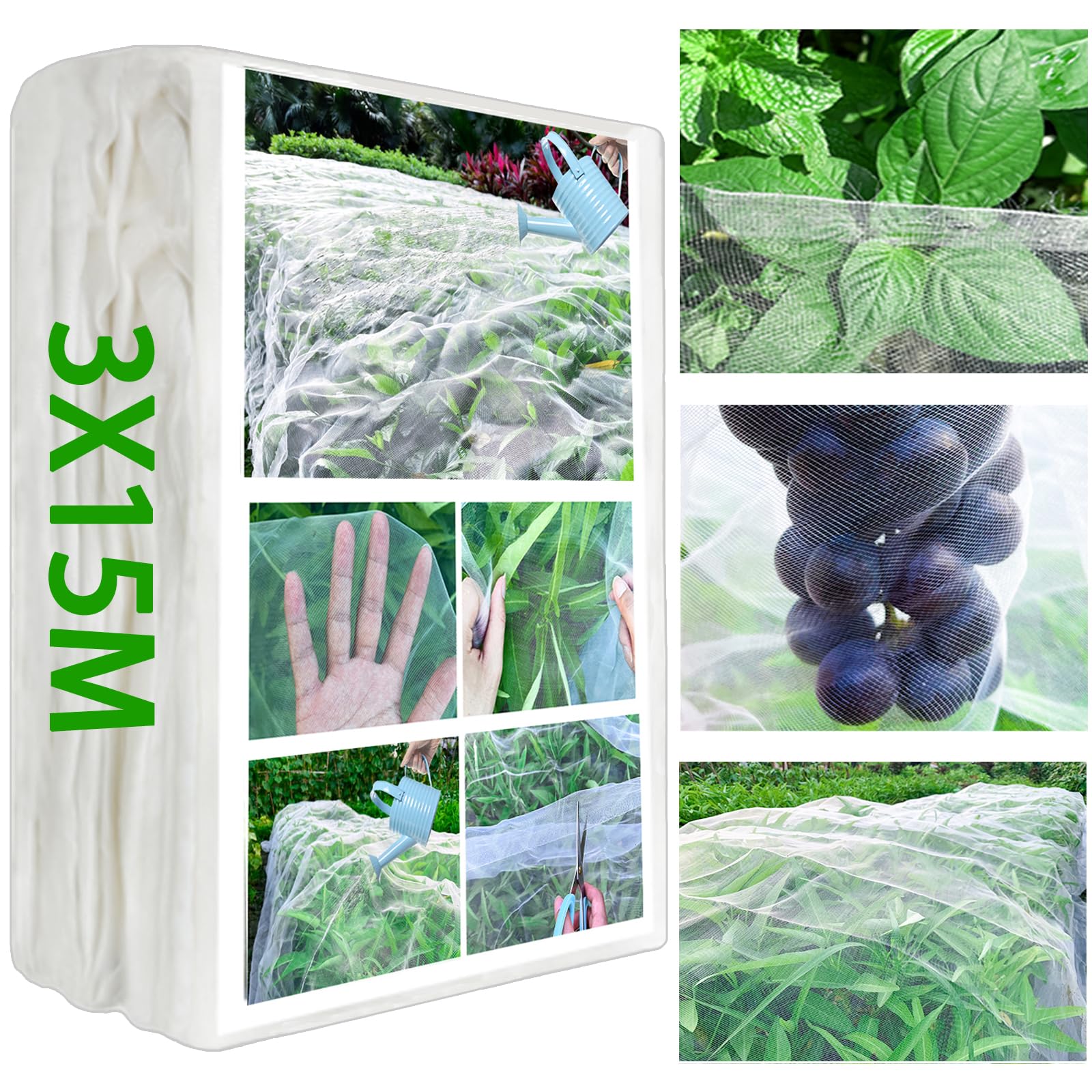 Garden Netting - 3 x 15m, Insect Netting for Veg Patch Fine Mesh, Raised Bed Plant Covers Netting, Greenhouse Tunnel Screen Barrier Net Protect Vegetable Fruits Flower From Insect Pests Birds