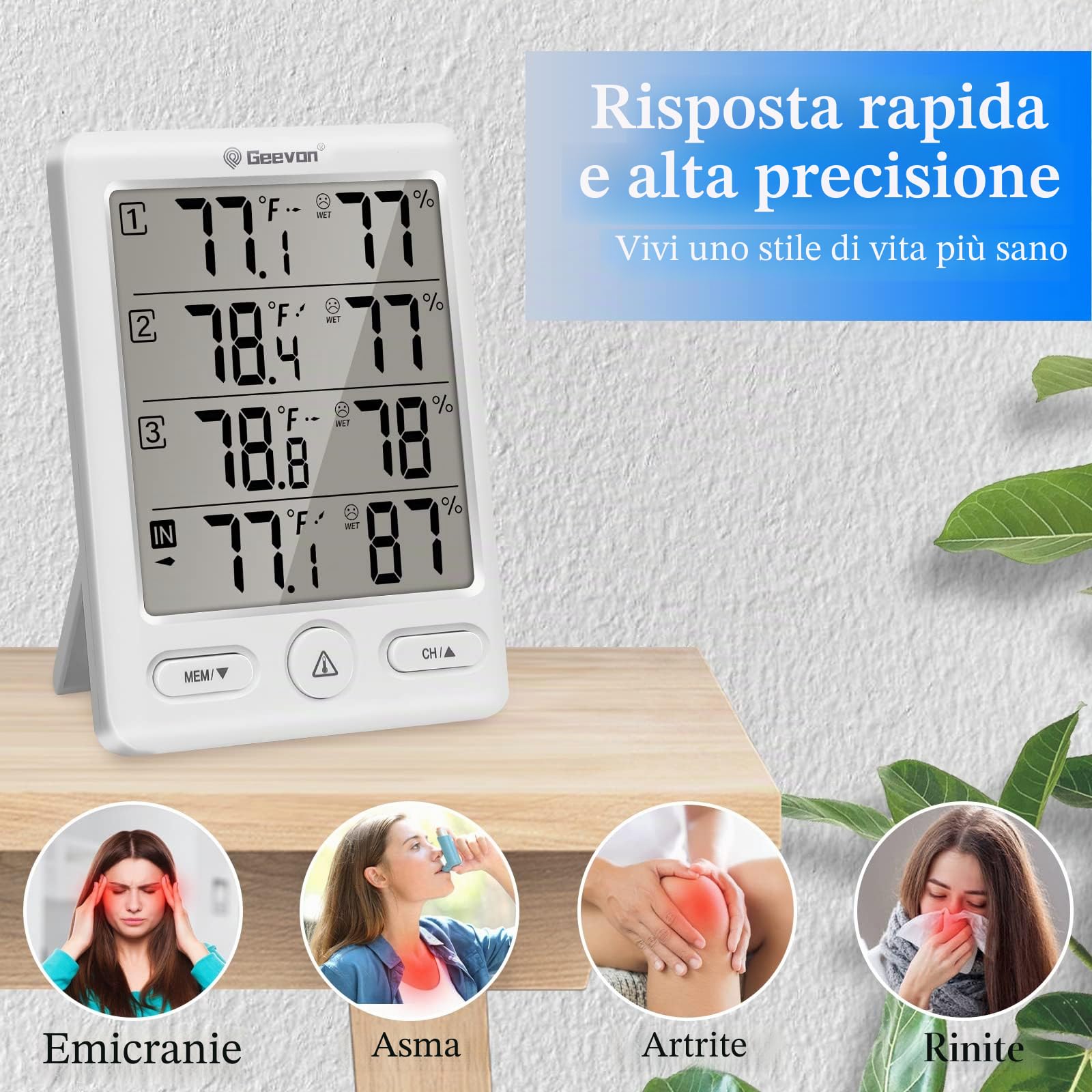 Geevon Termometro per interni ed esterni, wireless, con 3 sensori remoti, igrometro digitale, termometro per interni, misuratore di umidità della temperatura con portata di 60 m