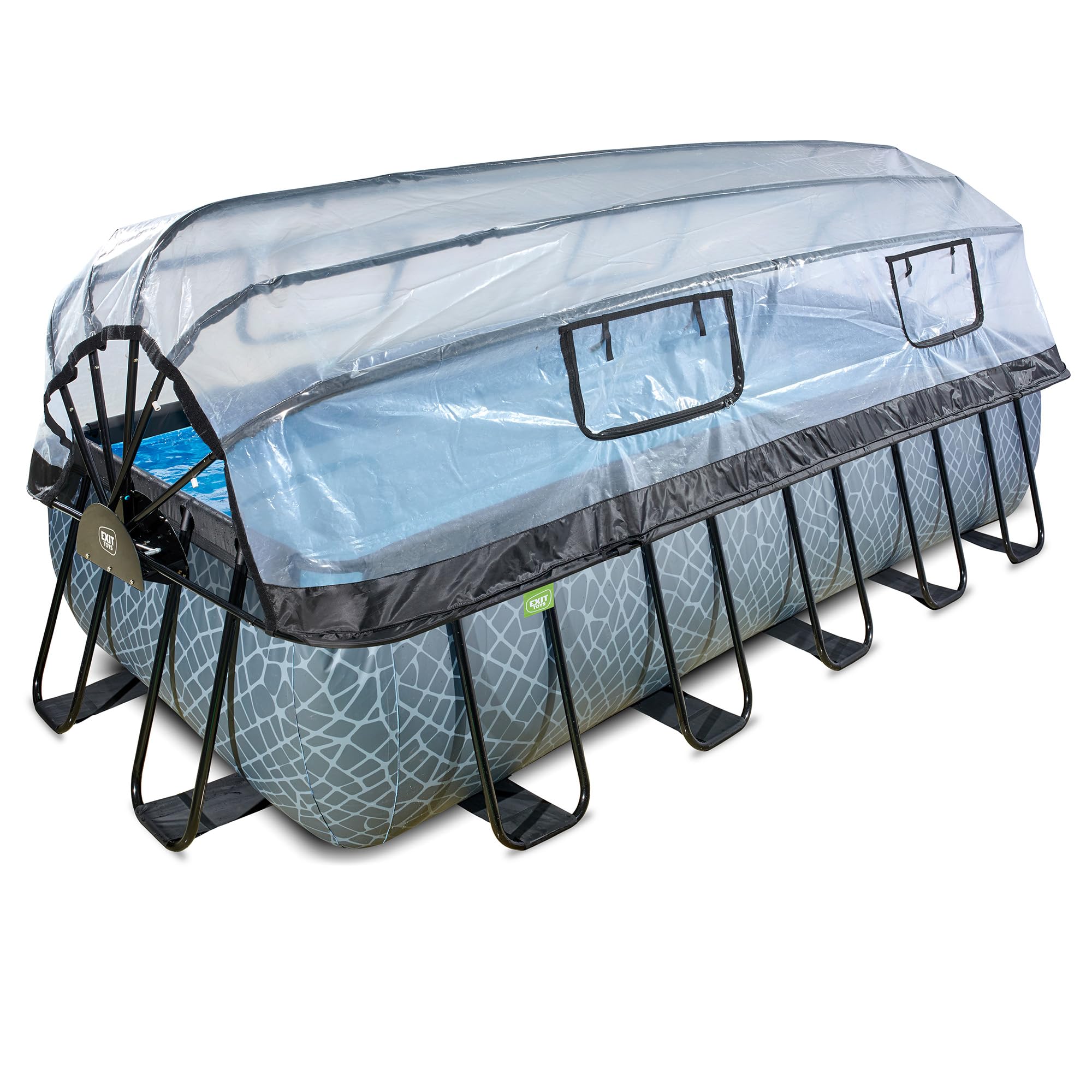 EXIT Toys Stone Pool mit Multifunktionale Abdeckung - 540x250x122cm - Großer, Rechteckiger Rahmenpool mit Sandfilterpumpe und Poolleiter - Extra Tief - Für Sauberes und Warmes Poolwasser - Grau