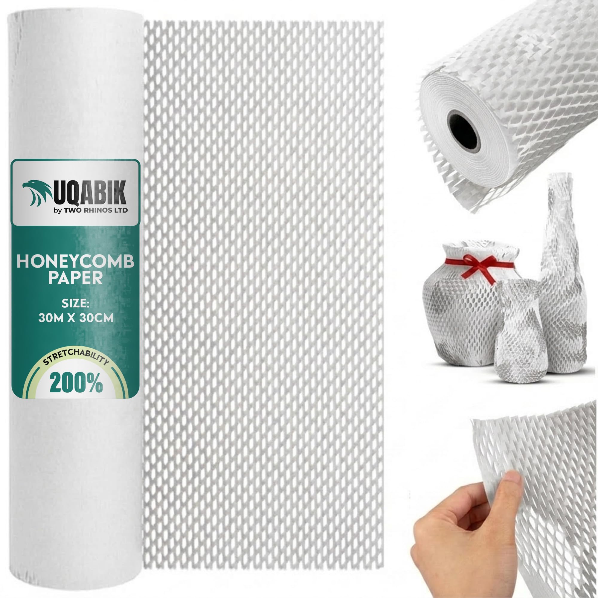 Uqabik White Uqabik® Honeycomb Packing Paper Roll - 30Cm X 30M | 200% Stretchability - Eco-Friendly Kraft Wrapping Paper For Shipping Fragile Items & Moving | Plastic-Free Alternative To Bubble Wrap (White)