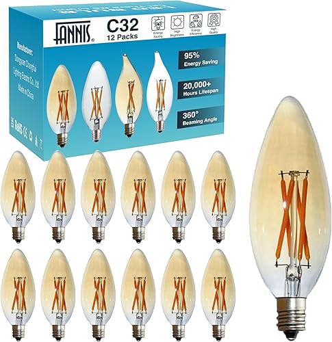Paquete de 12 bombillas LED Edison C32, 4 W equivalentes a 40 W, luz cálida, base E12, bombilla de vela de vidrio ámbar vintage para lámpara