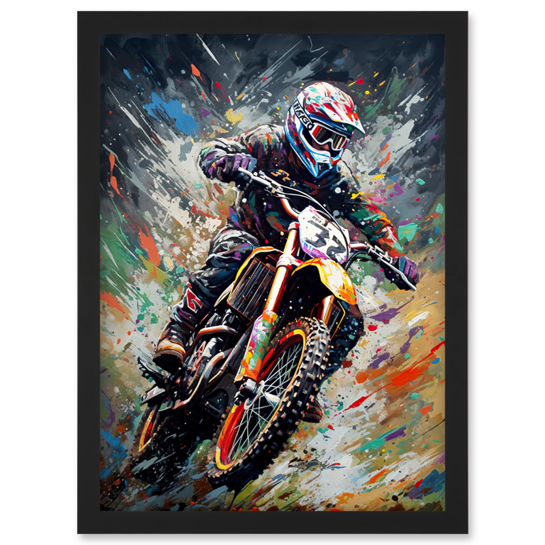 Motocross Race Action Shot Paint Splat Portrait Artwork - Framed Wall Art Print A4 - Artery8