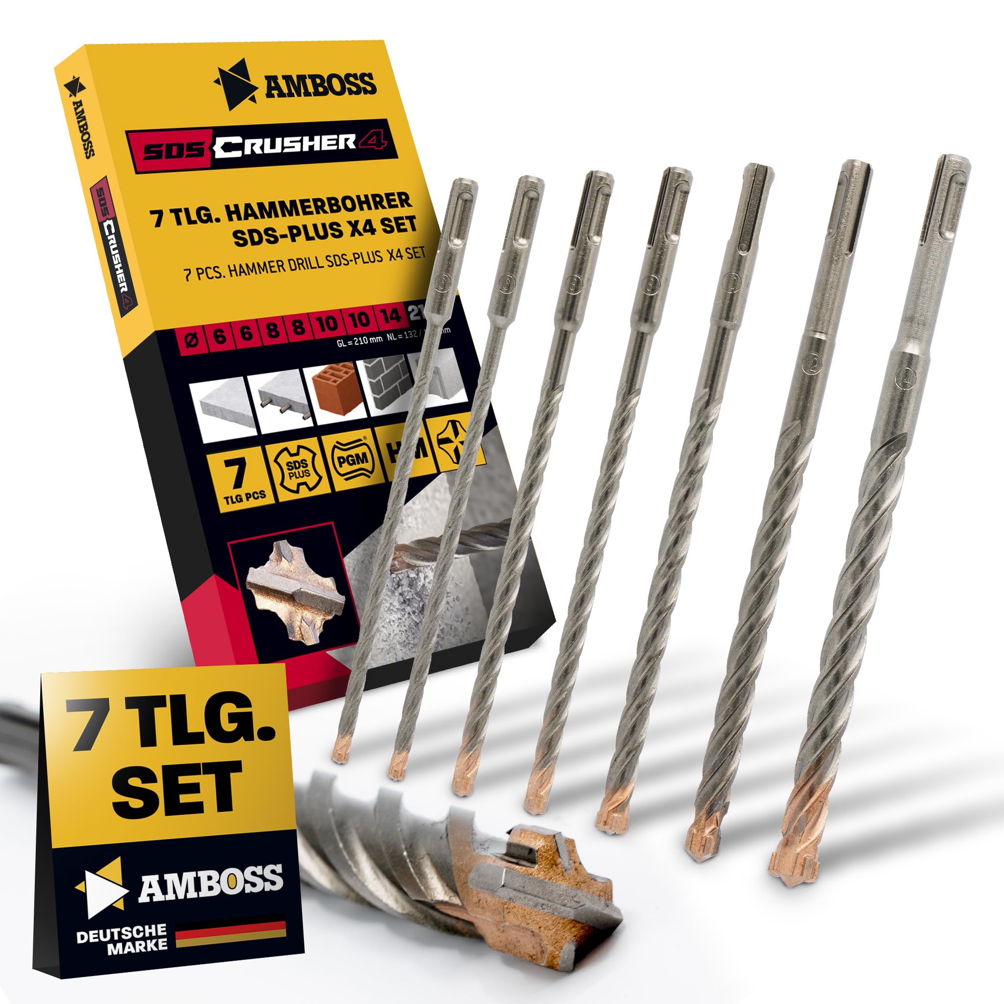 Juego de brocas SDS+ 7 piezas, 4 brocas PGM de 6 a 14 mm de diámetro x 210 mm – Herramientas AMBOSS SDS Crusher 4 – Broca para hormigón, metal duro, broca profesional – Broca para hormigón armado para