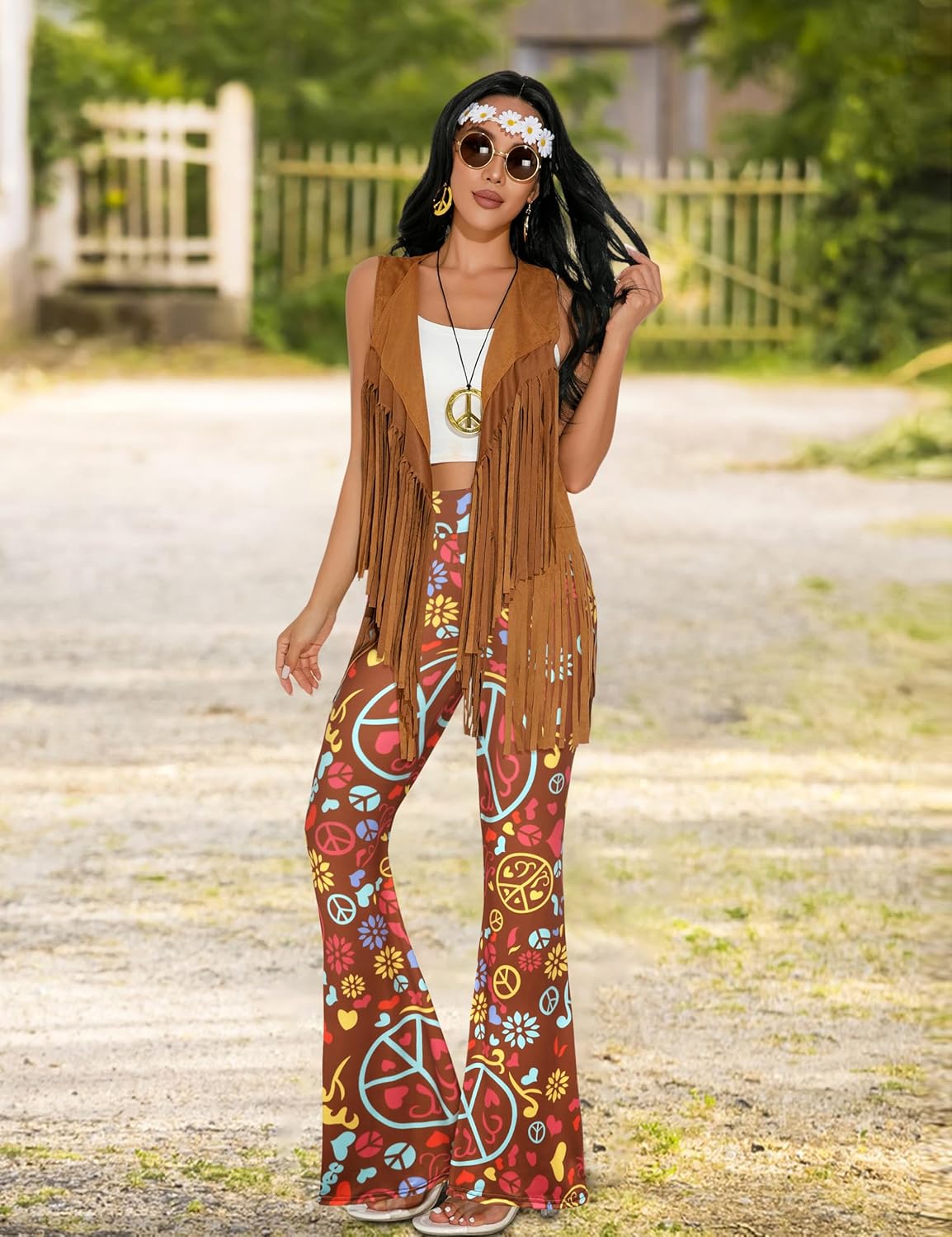 GERVAISE Womens 60s 70s Outfit Disco Hippie Costume Fringe Vest Boho Pants Accessories Set - Image 5