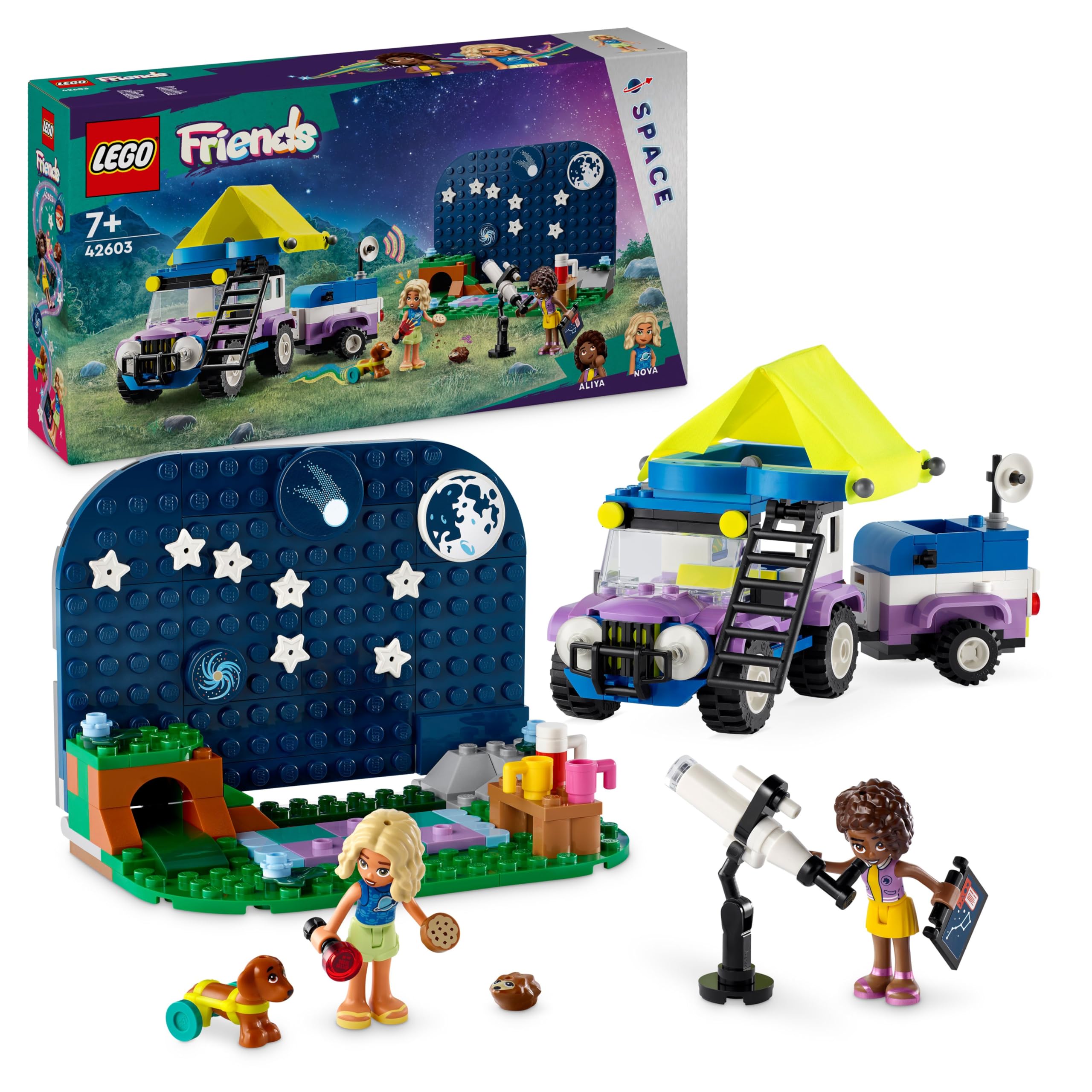 LEGOFriends Stargazing Camping Vehicle Set with 4x4 Car Toy for 7 Plus Year Old Girls, Boys & Kids Featuring Nova and Aliya Mini-Doll Characters, Plus Dog and Hedgehog Animal Figures, Gift Idea 42603