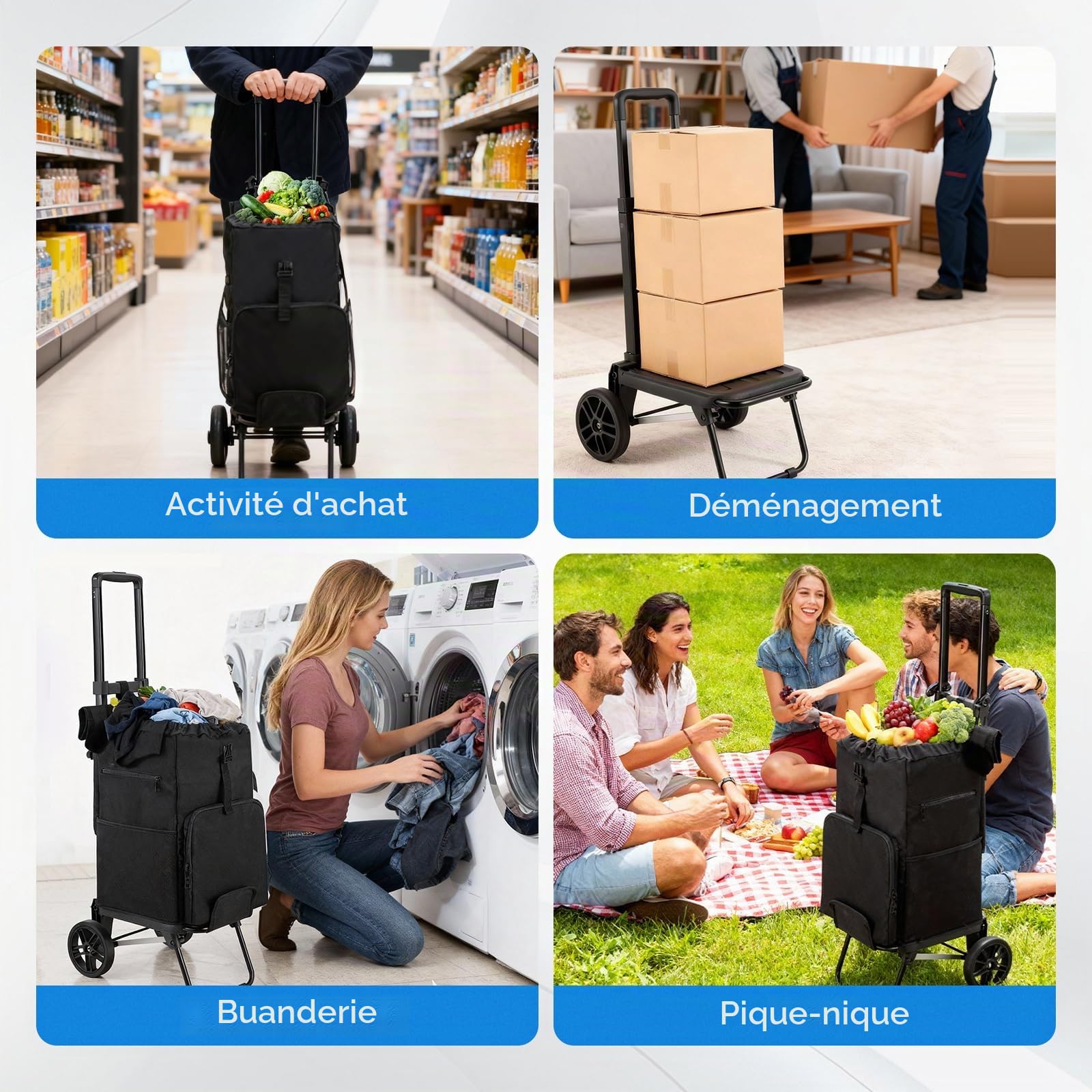 Housolution Chariot Caddie de Courses Pliable à roulettes | 46L/136KG Capacité, 2 en 1 Caddy Diable et Chariot pour Camping et Linge