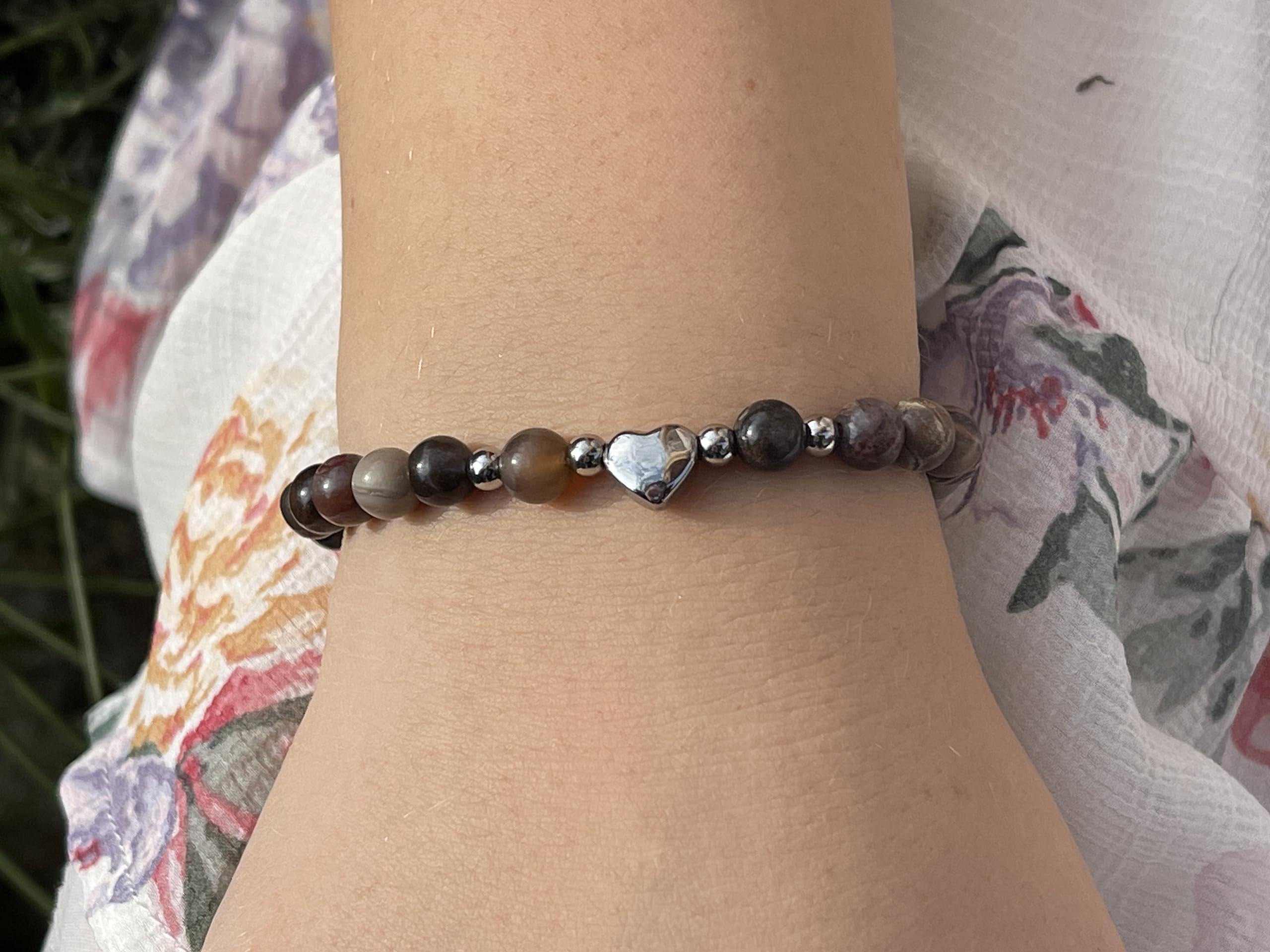 Versteinertes Holz Armband Perlen echt 6mm Herz Edelstahl Silber Gold Roségold oder Ionisiert - Handmade Perlenarmband Lebensfreude Erdung Erholung - Spiritueller Schmuck Damen Mädchen