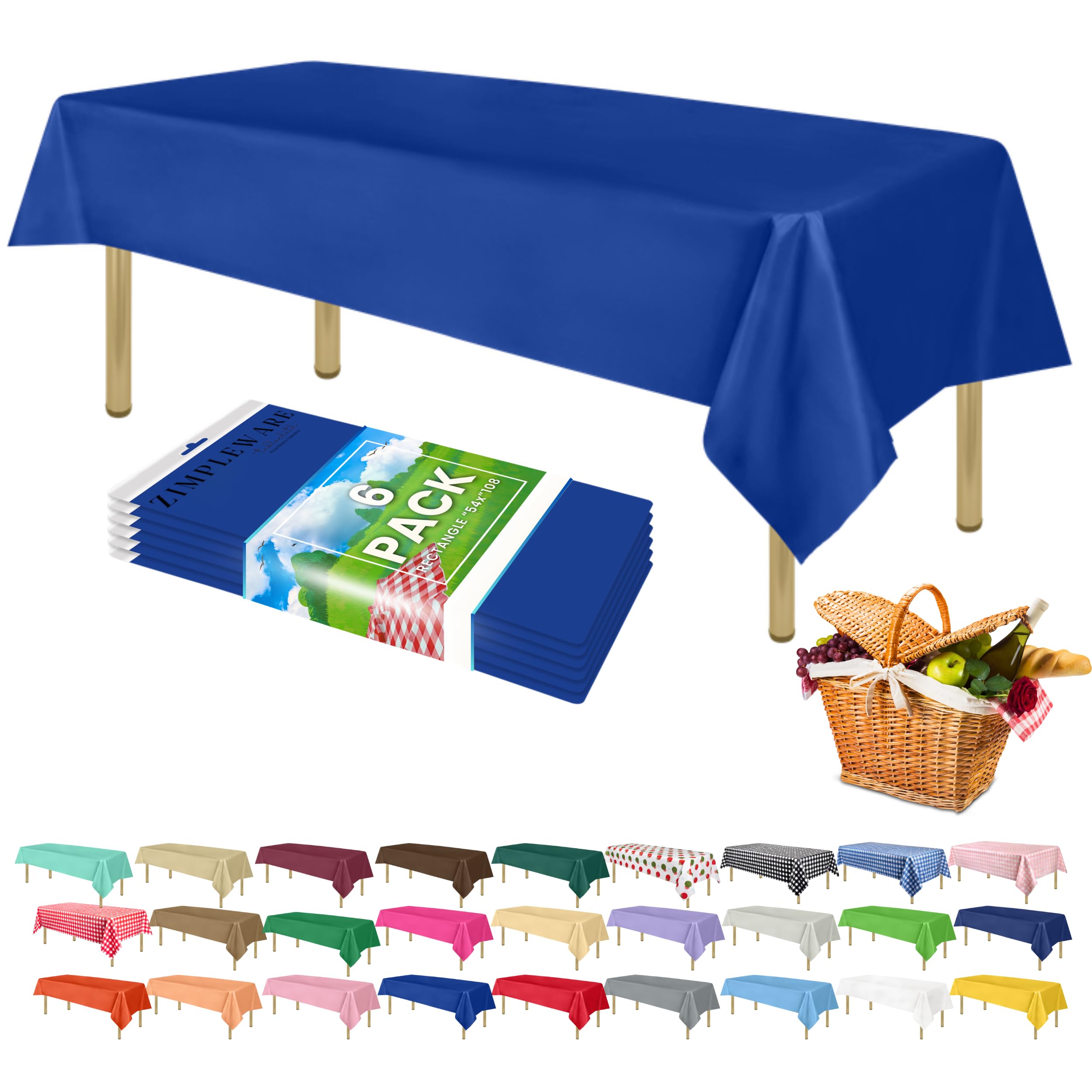 ZIMPLEWARE Blue Standard Disposable Plastic Party Tablecloth [6-Pack] 54 x 108” Rectangle Table Cover For Indoor & Outdoor Use — image 1