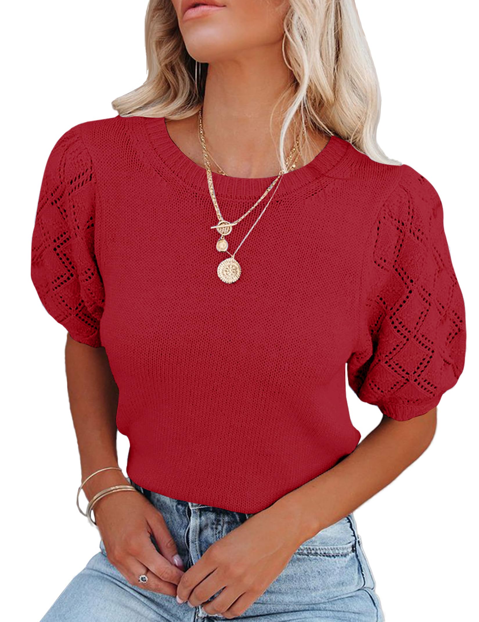 Womens Short Sleeve Sweaters Crewneck Knit Pullover Tops 2025 Summer Casual Lightweight Crochet Blouse Shirt