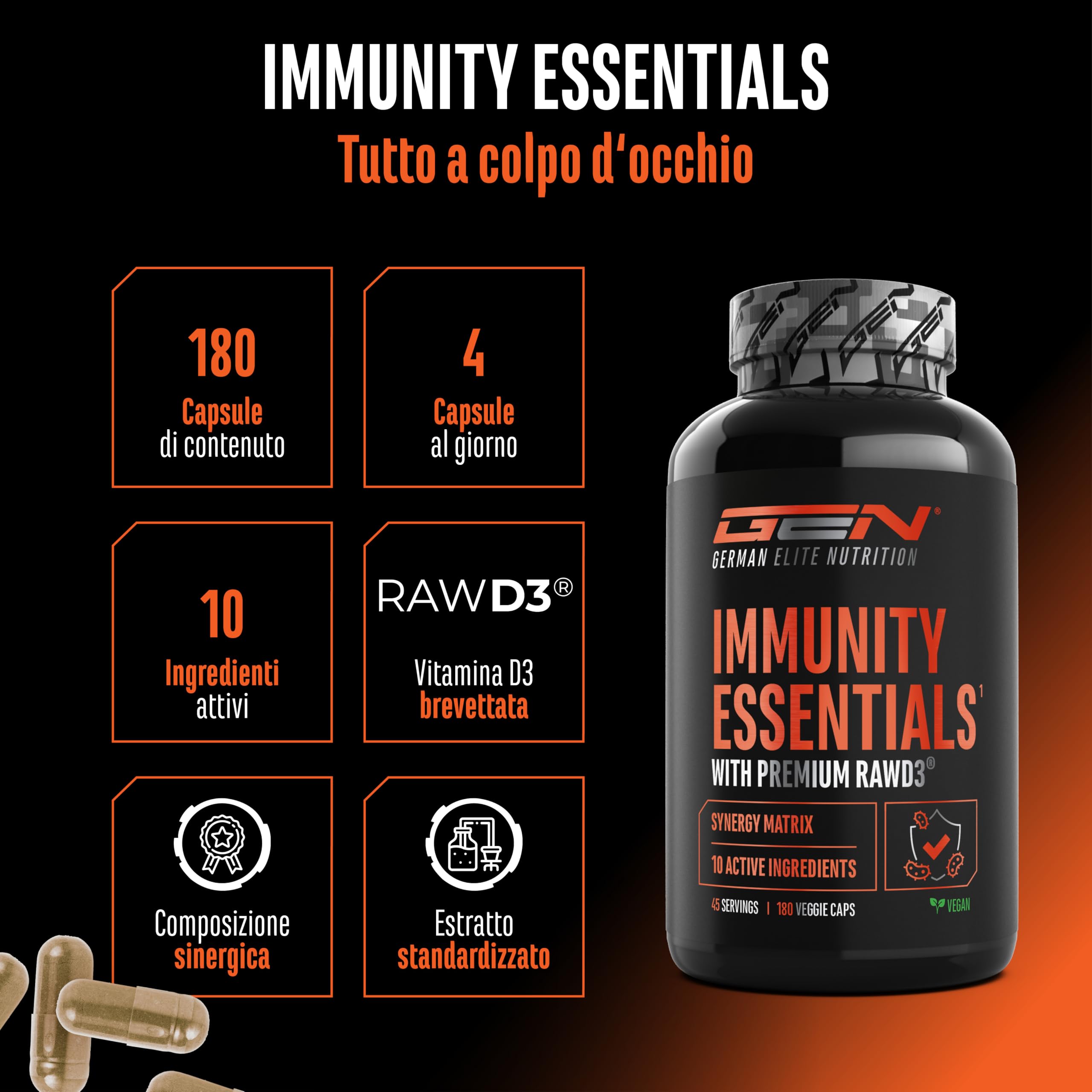 Immunity Essentials Complesso - 180 capsule con beta-glucano, vitamina C, D3 (RAWD3®), zinco, quercetina, echinacea, sambuco ed estratti vegetali - ad alto dosaggio, vegano