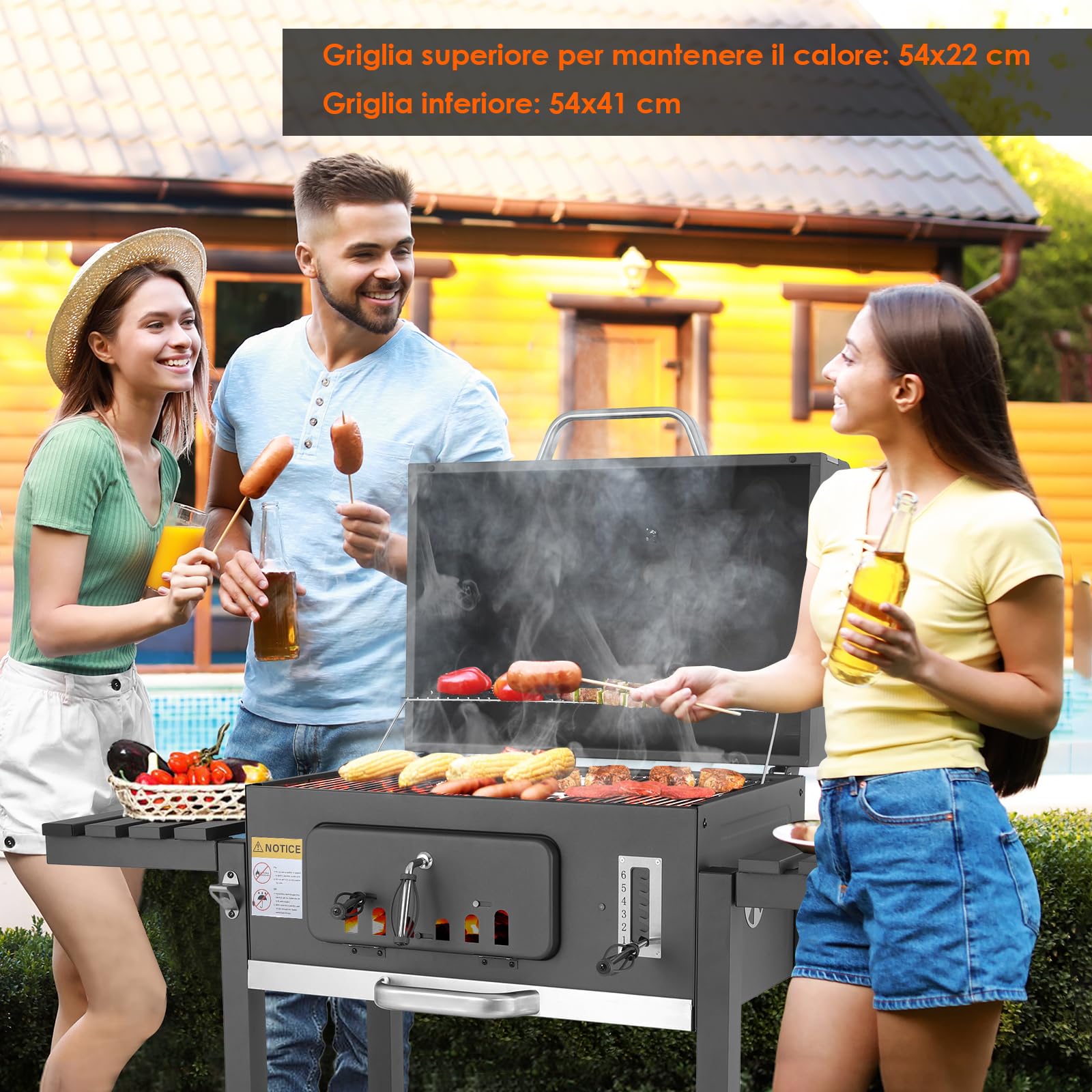 TLSUNNY Barbecue Carbonella, XXL Griglia per Barbecue con Coperchio, 2PCS Ruote, Camino, BBQ Carbonella in Giardino e all'aperto, Grande Capacità, Grigio, 152x136x60 cm, per 6-10 Persone
