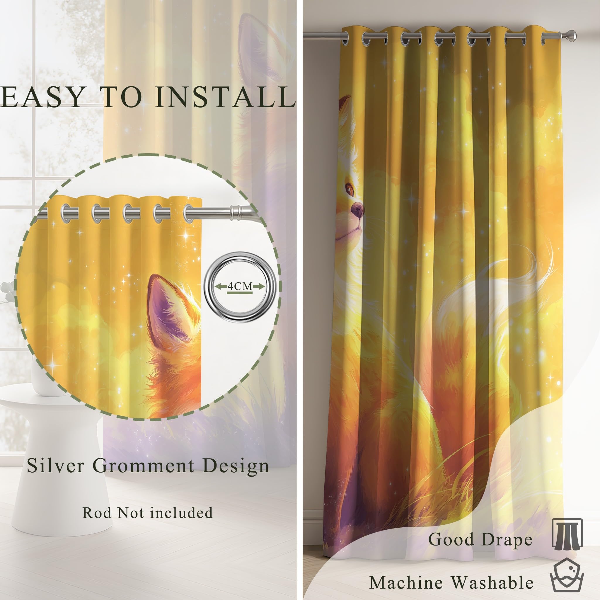 132An x 228Al CM Cortinas filtrantes de luz para Habitaciones Infantiles Dibujo Animado Acuarela Calido Zorro Bolsillo para Barra Cortinas para Vivero Jardín de Infancia 2 Panel Amarillo Morado
