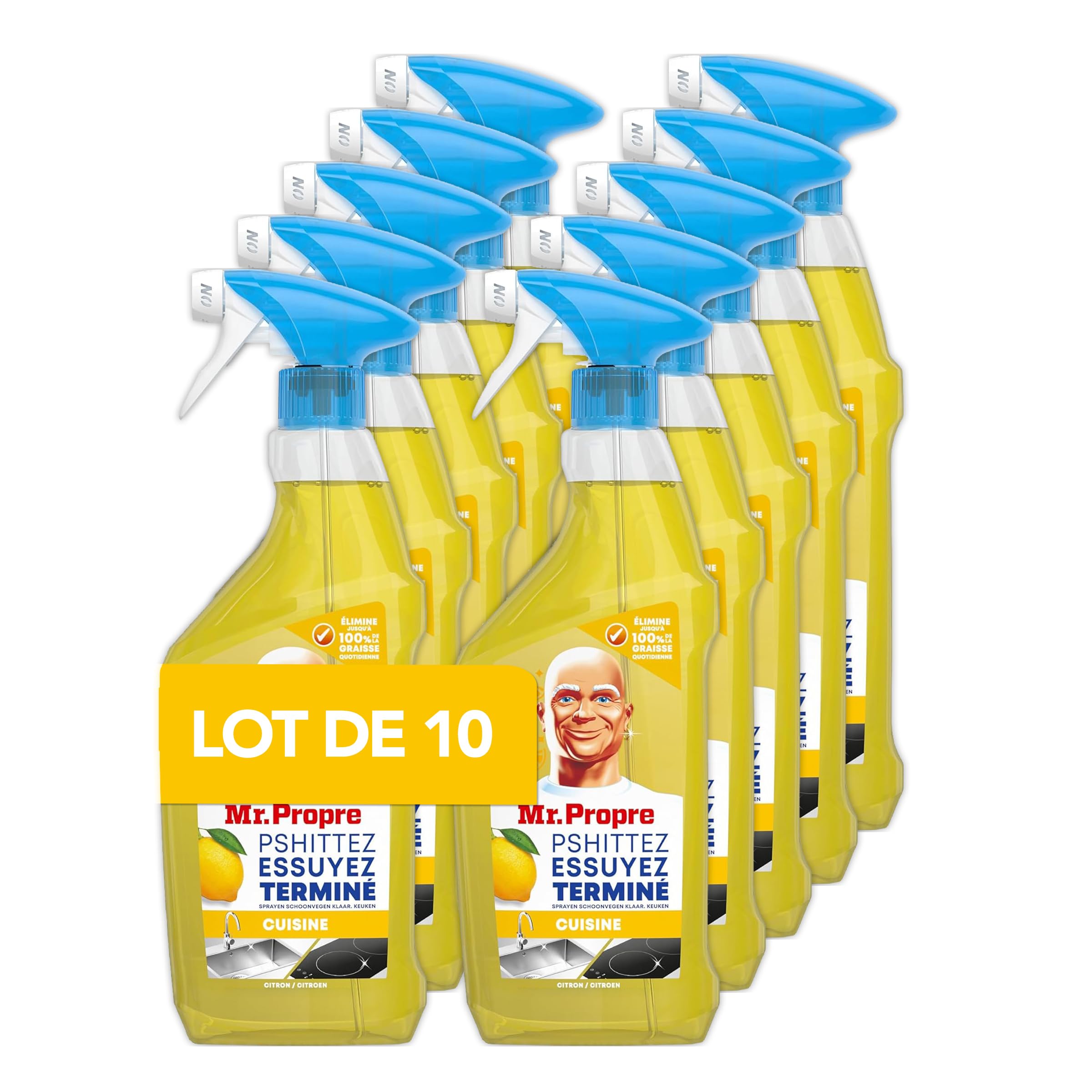 Mr. Propre Spray Dégraissant Cuisine Multi-Usages Citron 500ml x10 | Grand format (500ml). Élimine la Graisse Sans Résidus Dangereux, Sans Traces, Convient aux Surfaces Alimentaires