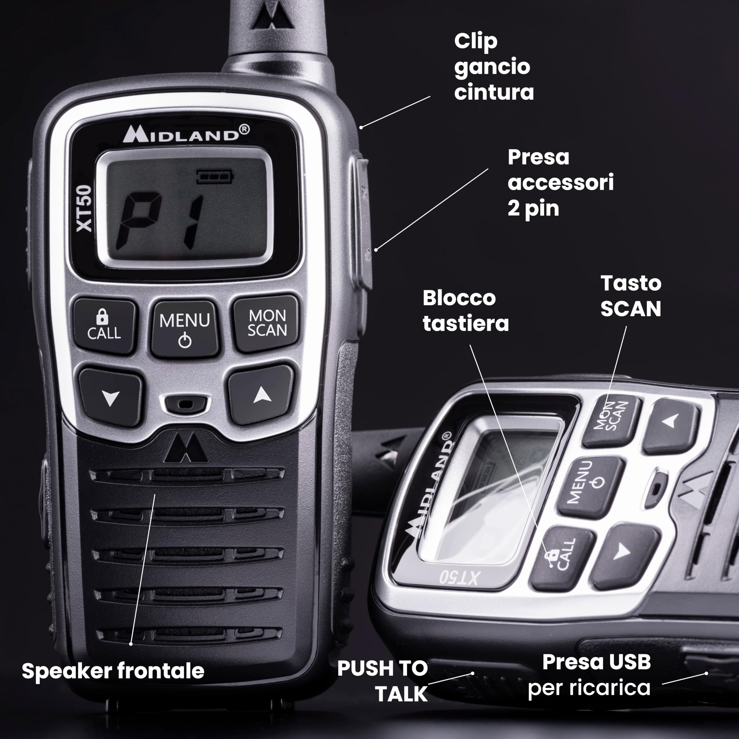 Midland - Walkie Talkie XT50, 2 Ricetrasmittenti Ideali per Outdoor e Cantieri, 24 Canali PMR446 Senza Licenza, 38 Toni CTCSS, Copertura 8Km, Ricarica Rapida, Autonomia 12H, Ricaricabile con USB