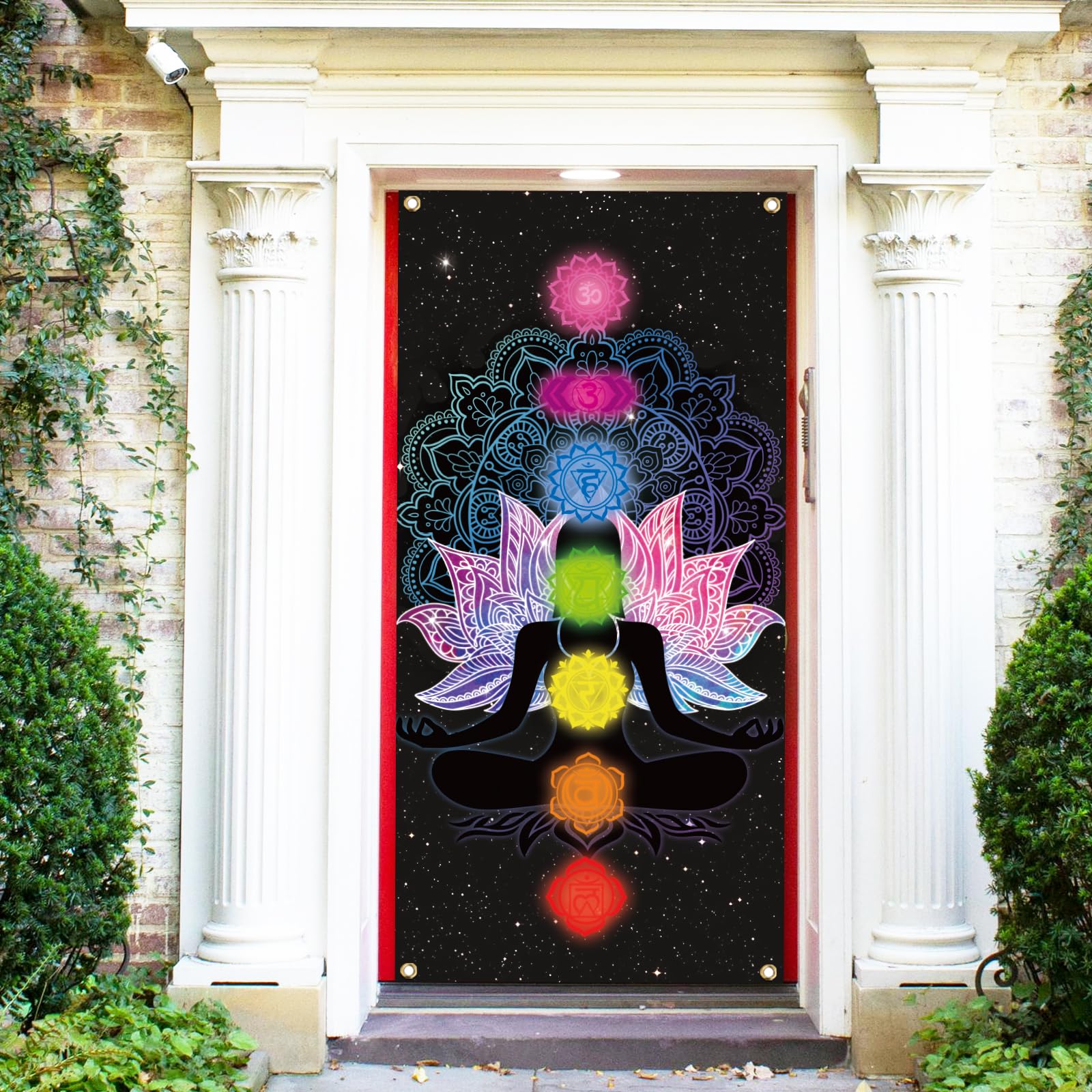 arricraft 1 Pc Yoga Meditation Welcome Polyester Door Cover, Colorful Seven Chakra Backdrop Banner Door Porch Sign Photography Background for Indoor Outdoor Porch Home Decor Accessories