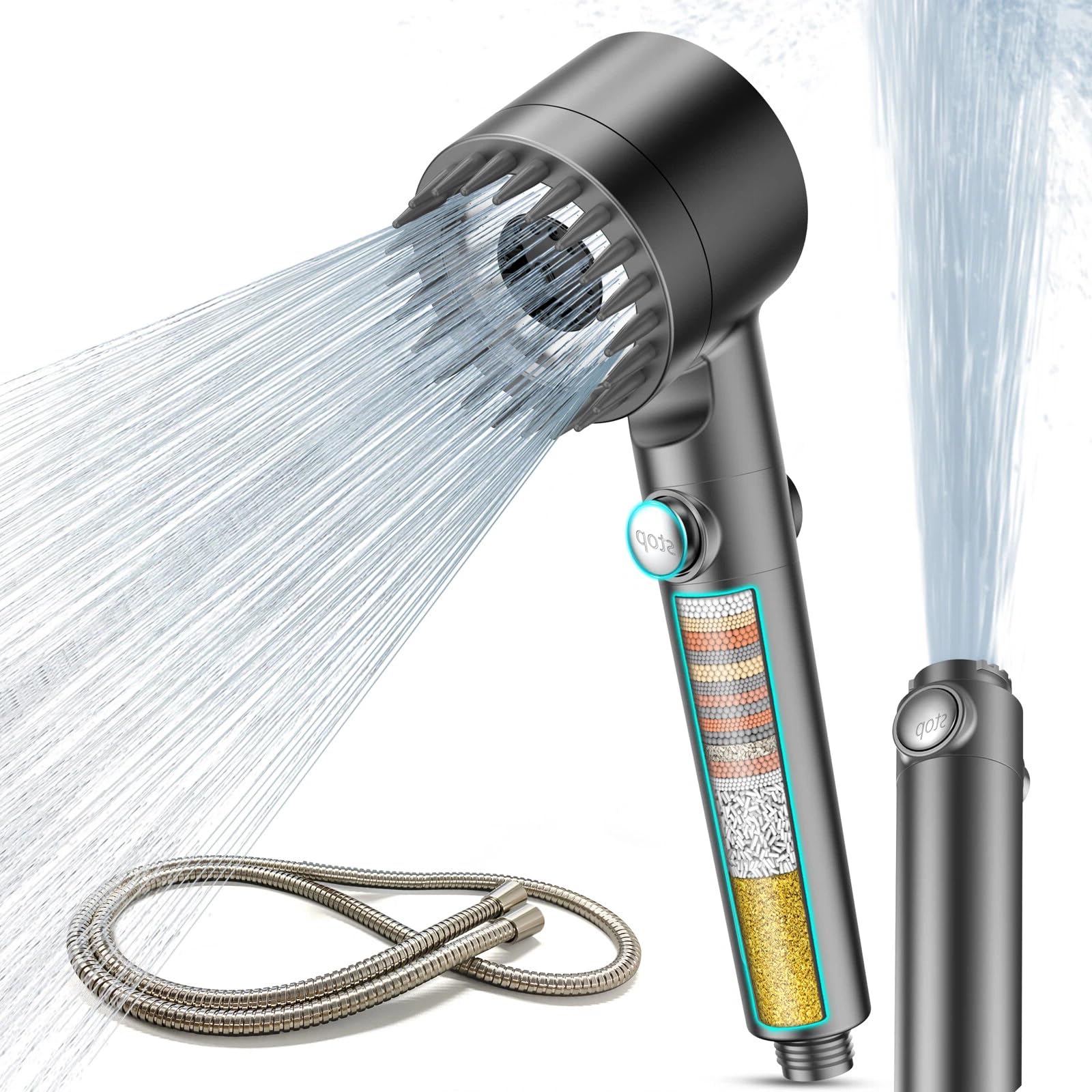 MEKO Soffione doccia con filtro dell'acqua dura con filtro a 15 fasi, 3+1 modalità di getto getto ad alta pressione e tubo da 1,5 m, filtro doccia massaggiante portatile per rimuovere il cloro residuo