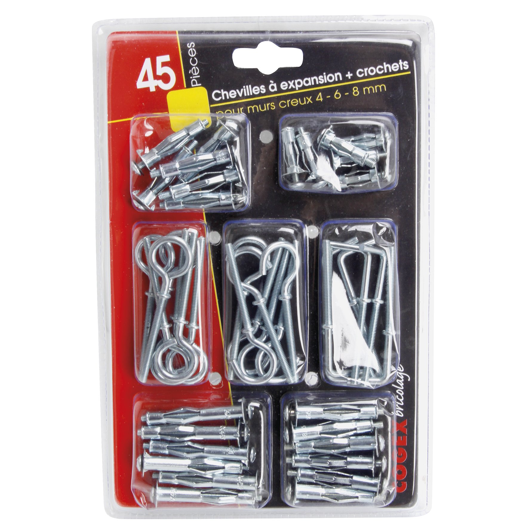 Image secondaire de Cogex - Lot de 45 chevilles à expansion et crochets - Spécial mur creux - Ø4mm x 21, 32, 38 et 46mm - Diamètre: 4mm - Longueur: