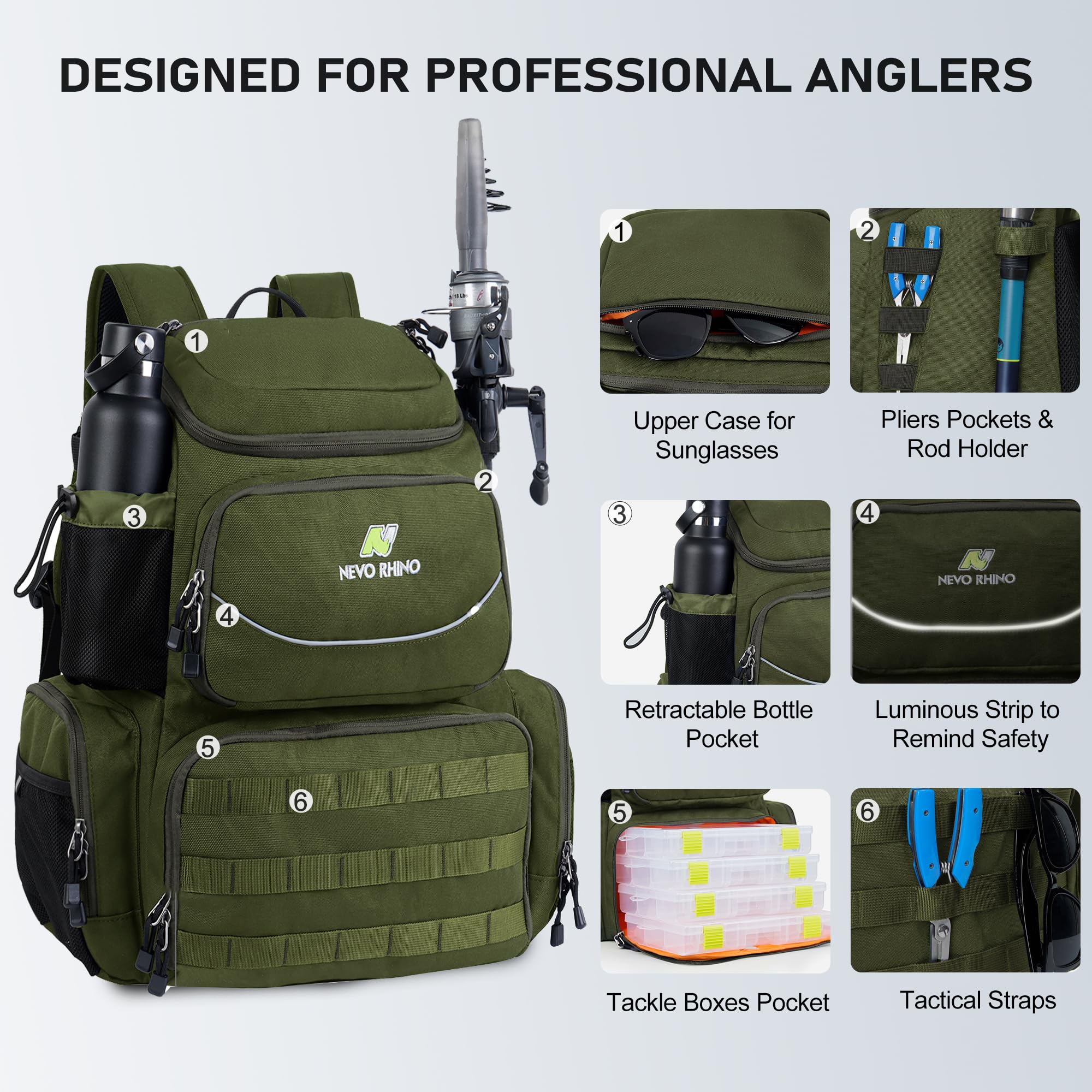 N NEVO RHINO Angelausrüstungs-Rucksack mit Rutenhaltern, 40 l, große Angeltasche mit wasserdichtem Regenschutz, Outdoor-Ausrüstungstasche