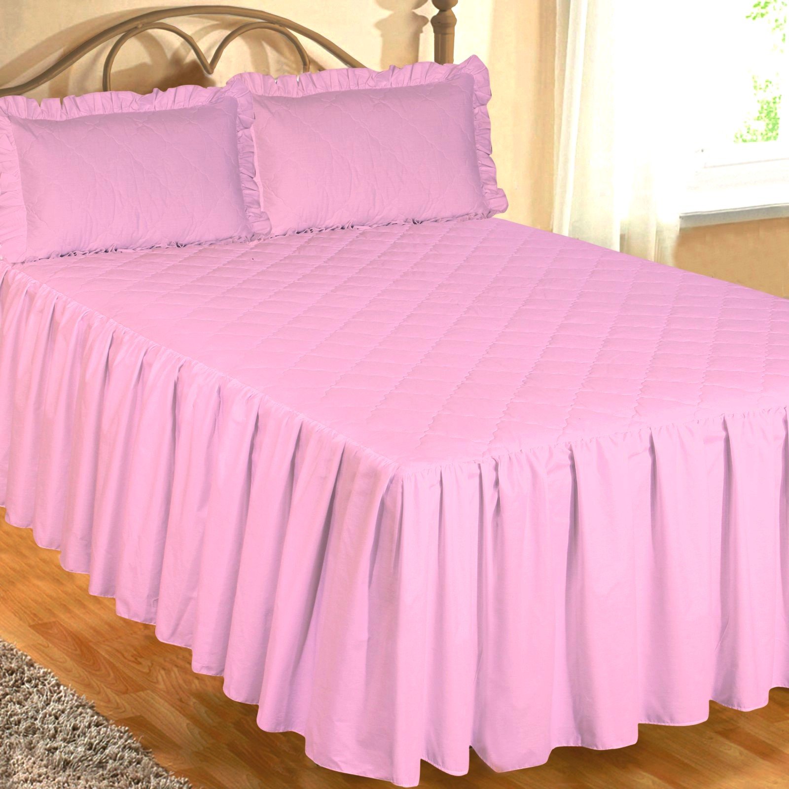 Ambiance King Size Bed Fitted Bedspread Pink With 2 Pillow Shams, Luxurious Hotel Quality 200 Thread Count Egyptian Cotton, Traditional Quilted Wavy Diamond, Extra Deep Side Frill 22"