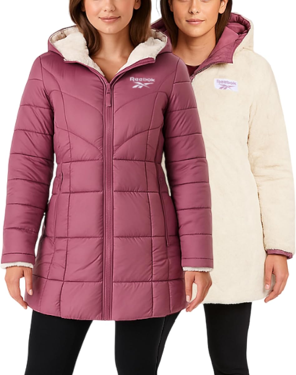 Reebok Womens Winter Jacket - Reversible Sherpa-Lined Puffer Faux Fur Hood | Insulated Winter Warmth, Plush Fleece Lining, Two Looks in One, Long Coverage, Cozy Layering for Cold Weather