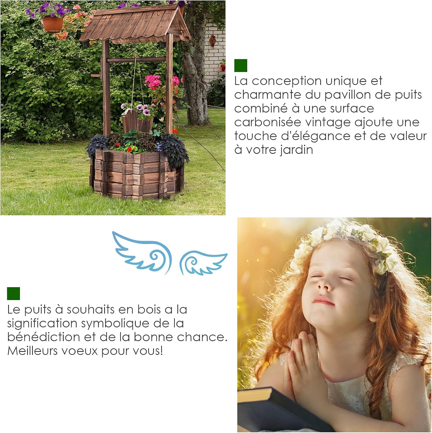 GOPLUS Pozo de Madera Decorativo, Jardinera de Exterior con Techo Clásico, Fuente Decorativa con Cubo Colgante y Amplio Lecho de Plantación