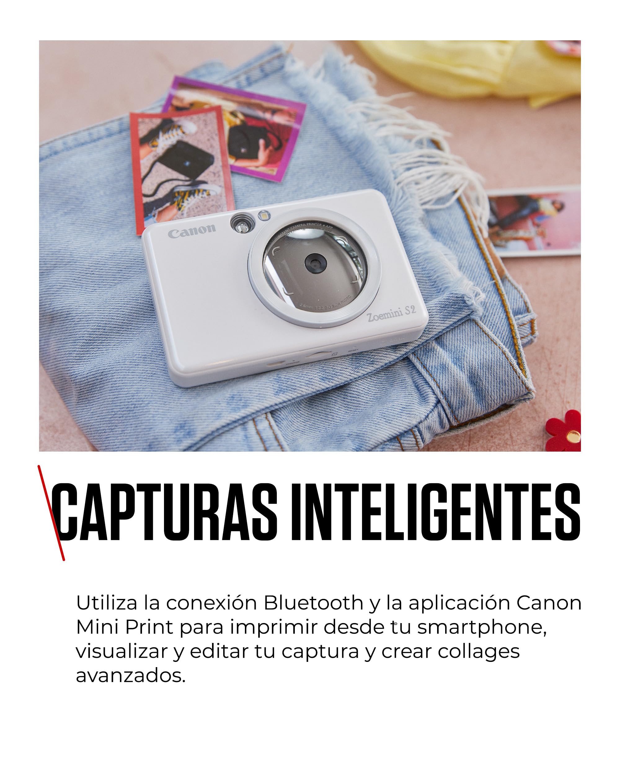 Canon Zoemini S2 Cámara Instantánea con Impresora Fotográfica de 8 MP – con Espejo, Anillo de Luz y Papel Fotográfico Zink Adhesivo (Blanco Perla)