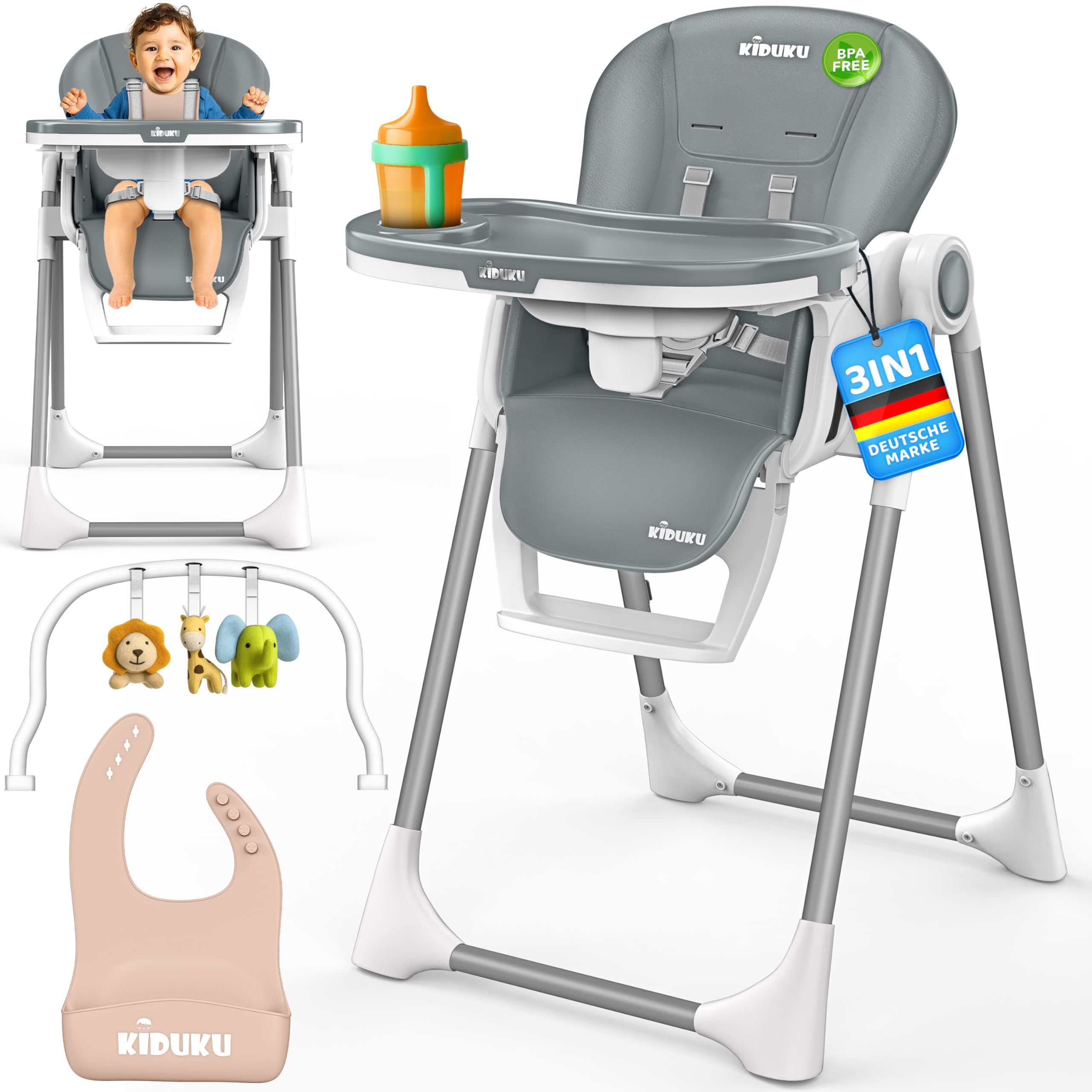 KIDUKU® Hochstuhl Baby 3in1 mit Neugeborenenaufsatz + Lätzchen, Aktivitätsbogen & Tisch | Kinderhochstuhl klappbar mit Liegefunktion | Kombihochstuhl höhenverstellbar | mitwachsend 0-36 Monate