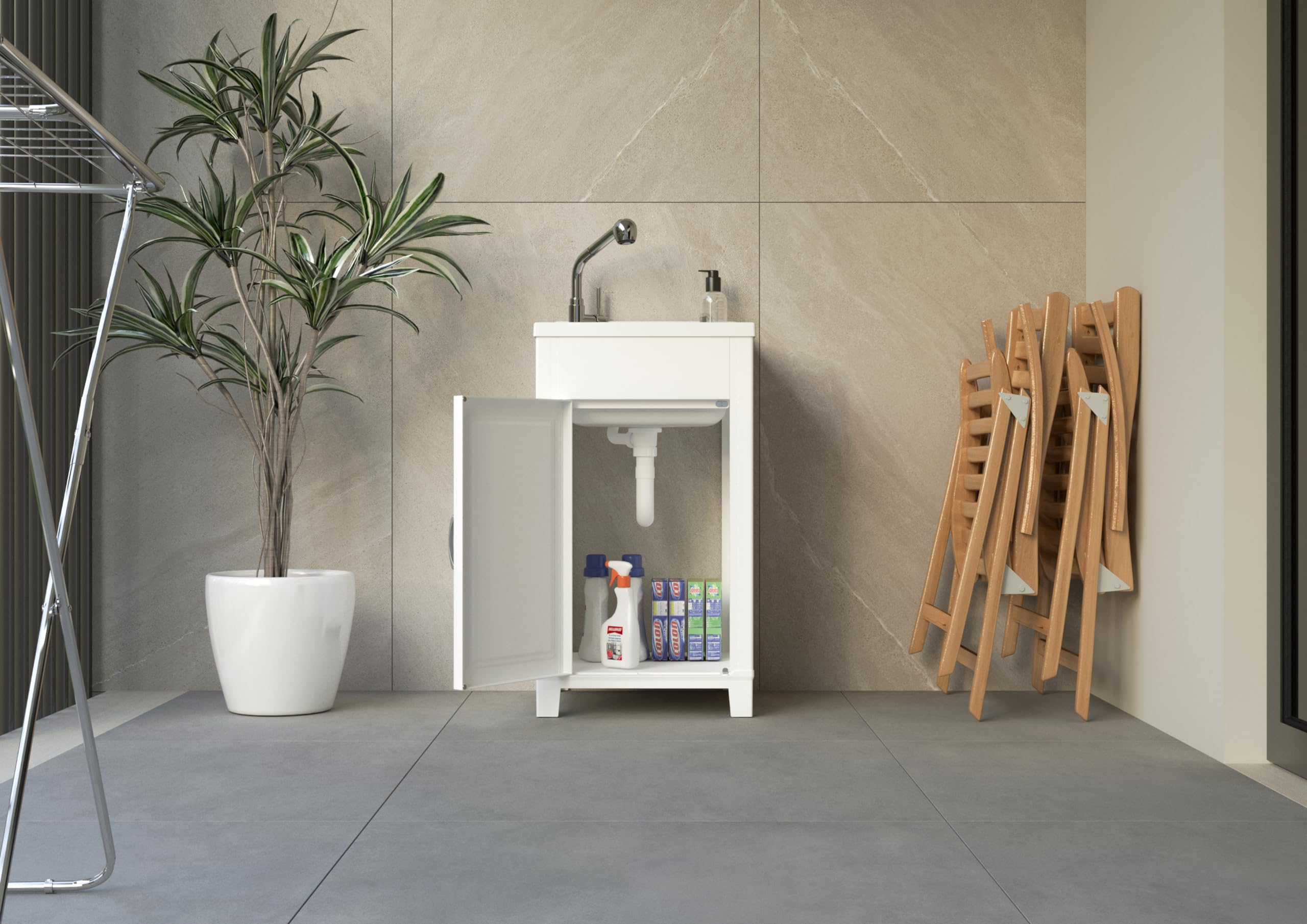 Adventa: Mobile lavatoio in resina di PP, Facile da montare, Vasca Resistente agli acidi di uso comune, Lavanderia, Garage, Esterno, 45L x 50P x 85H cm, Bianco