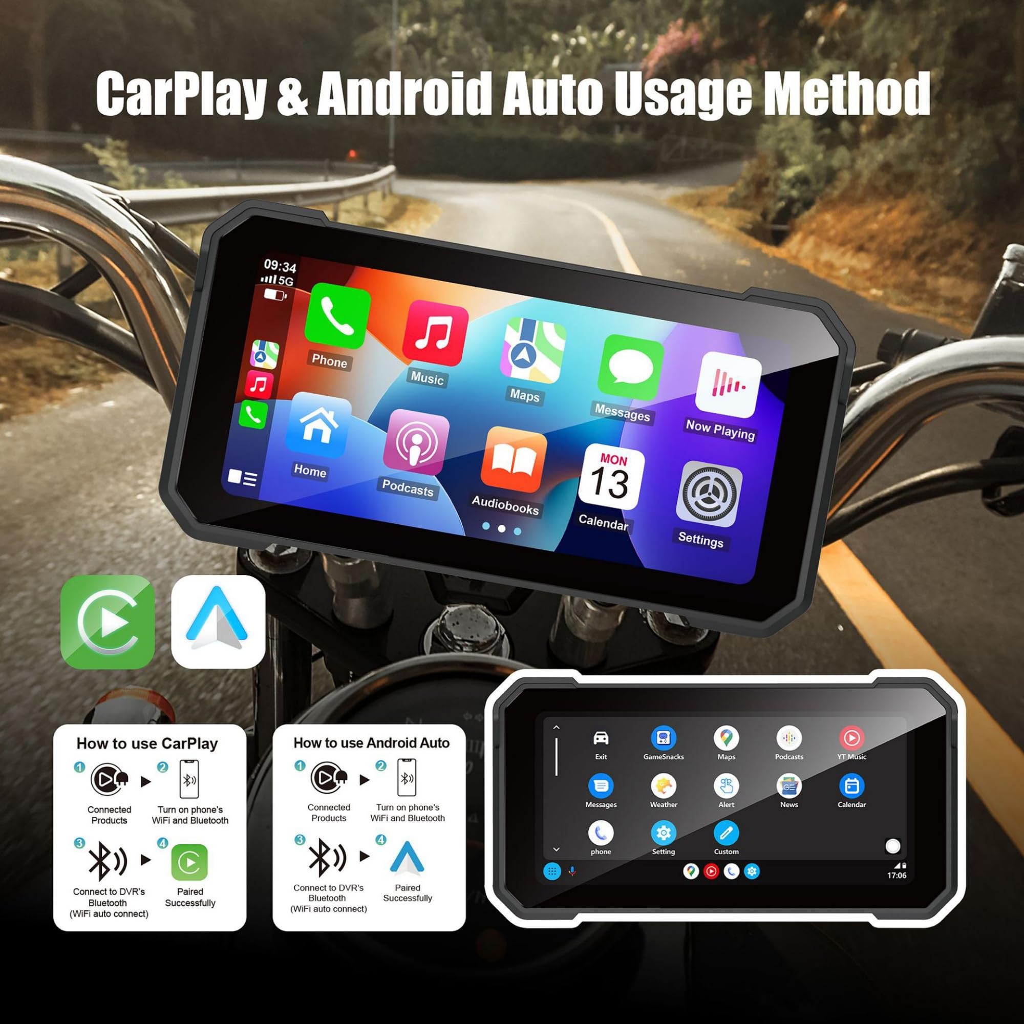 Navigatore GPS Moto 6,2 Pollici Doppia Fotocamera CarPlay Wireless Android Auto Impermeabile IPX6 TPMS BT5.0