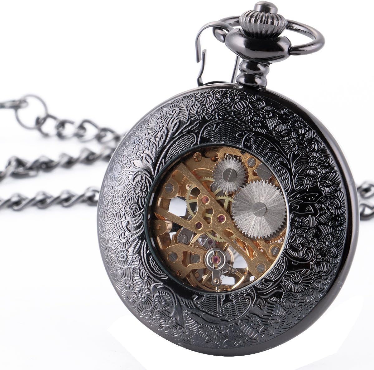 Mechanical Pocket Watch, for Men Women Special Magnifier Half Hunter Engraved Case Roman Numerals with Chain