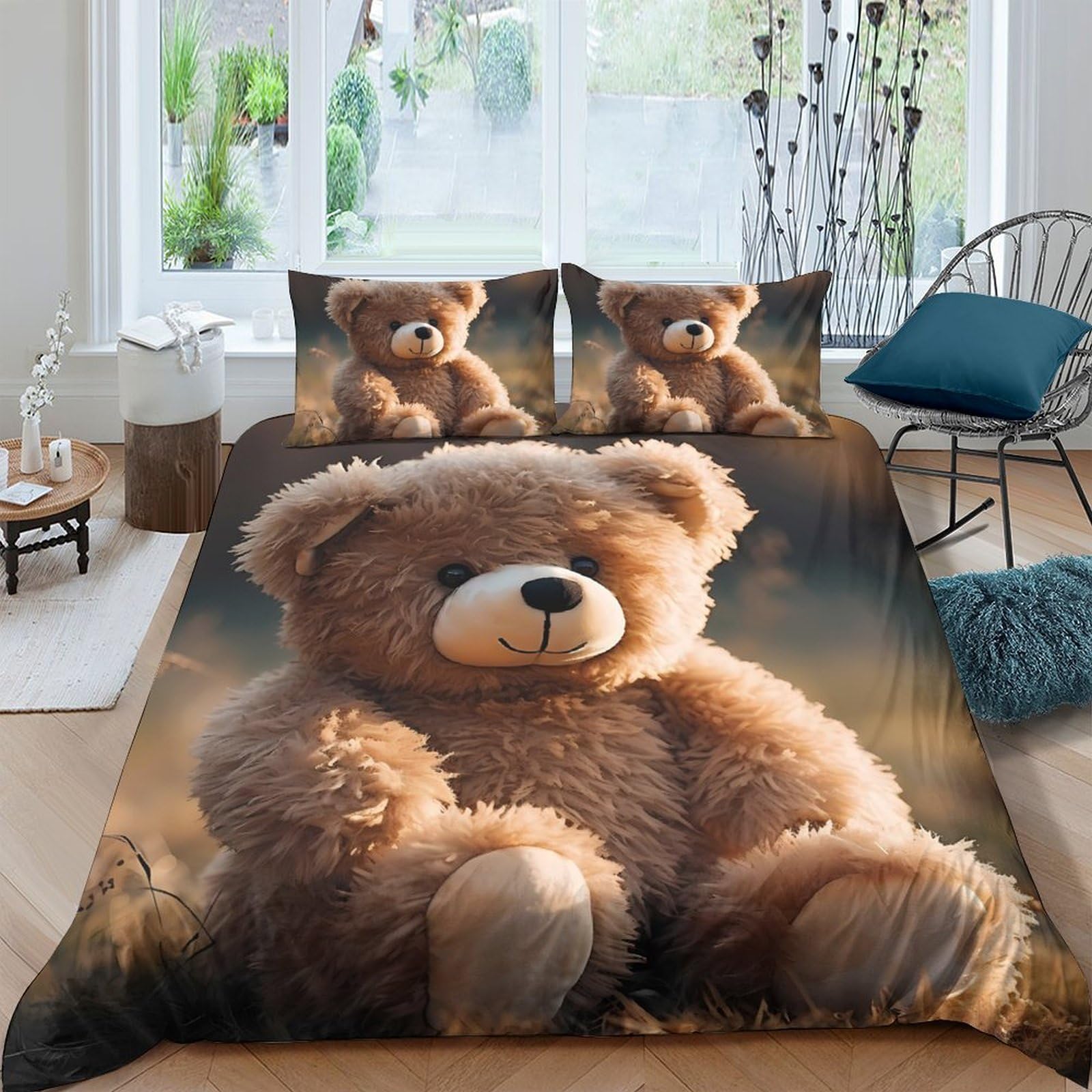 GPLZQXKJNH 3D Printed Brown Teddy Bear Duvet Cover Microfiber Soft Breathable Plush Toy Bedding Set with 2 Pillowcases for Bedroom Decor Single（135x200cm）