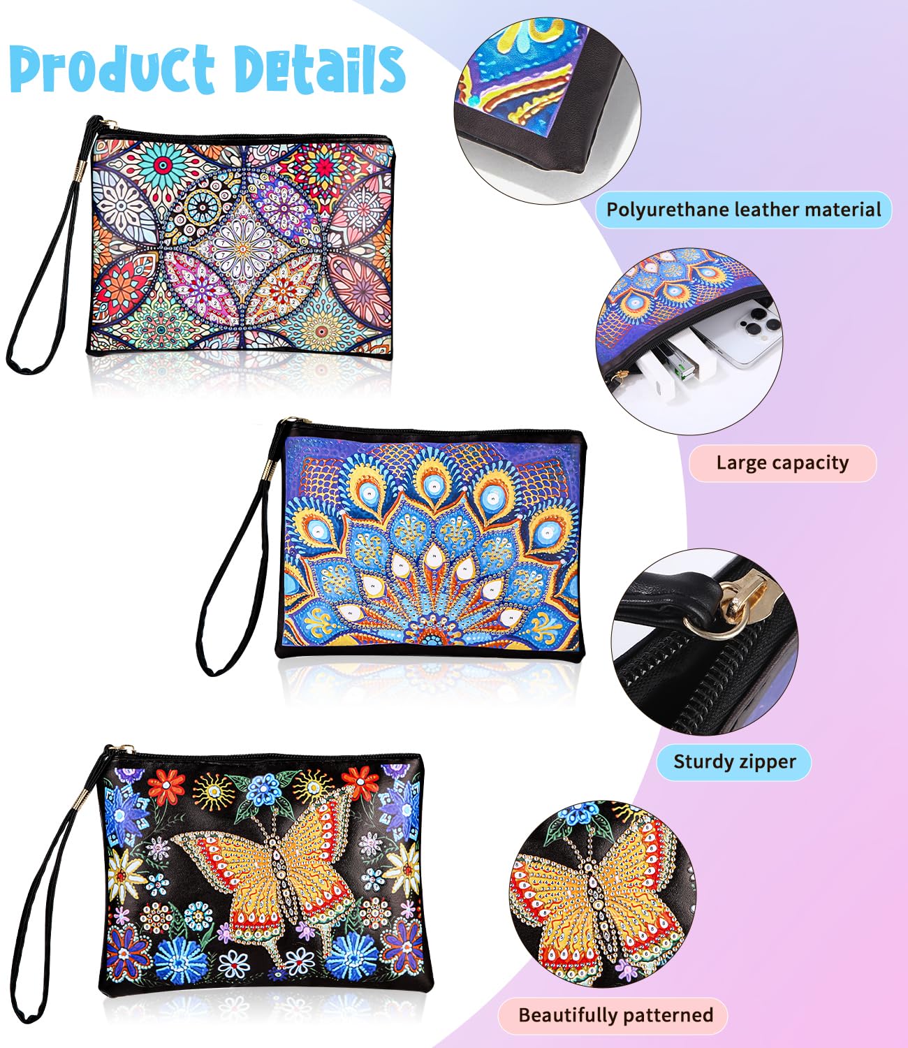 Exyvox Kit Peinture Au Diamant 3-en-1 – Sacs à Cosmétiques Fille 6-12 Ans – Diamond Painting Enfants Cadeau Fille 6 7 8 9 10 Ans – Motifs Papillon & Mandala Colorés