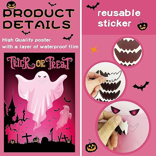 Miniatura 3 de Pin The Mouth on The Ghost Juego de fiesta de Halloween para niños, póster fantasma con 24 calcomanías para la boca y una venda para suministros de