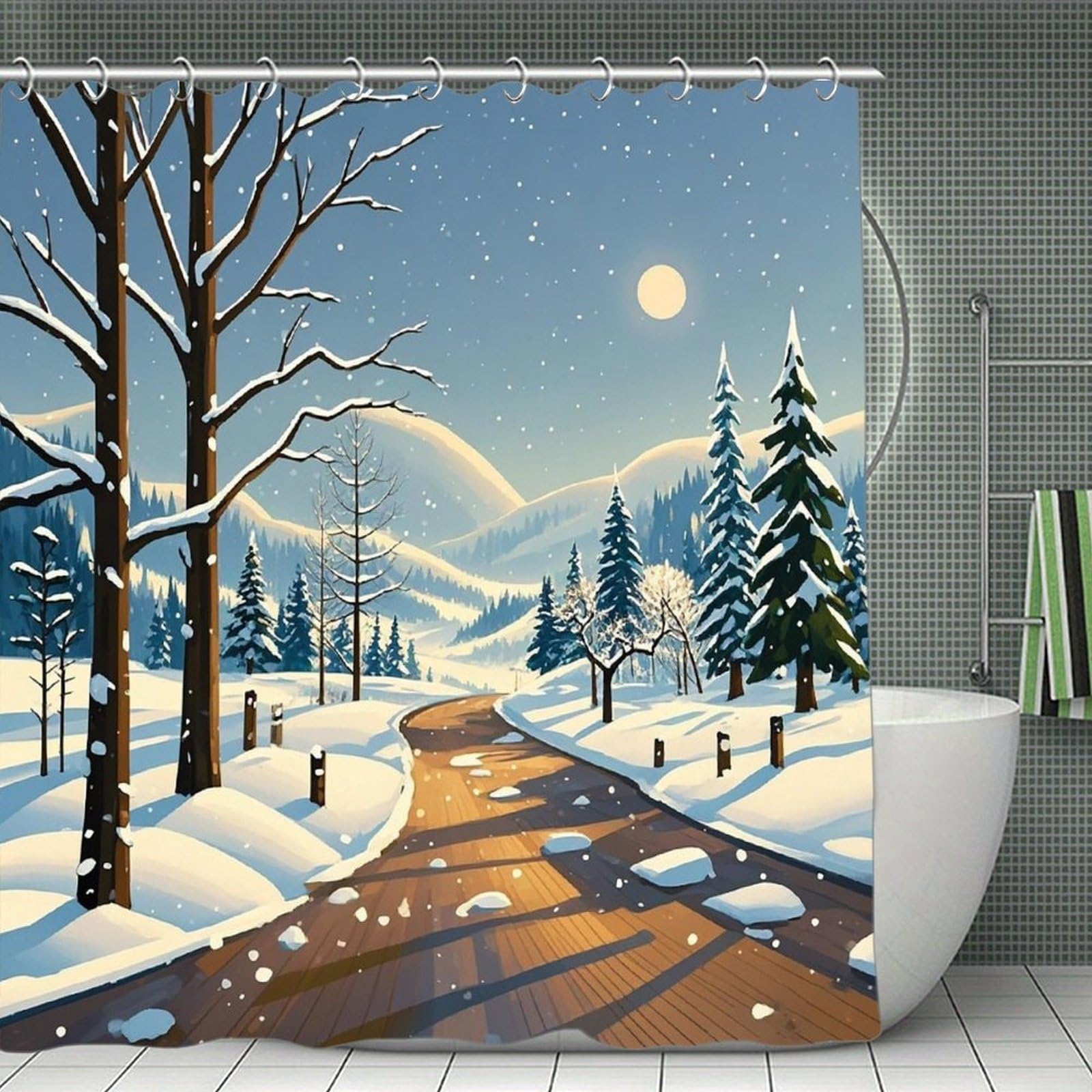 FekiLoot Winter Landscape Shower Curtain with Hooks Modern Farmhouse Bathroom Curtain Waterproof Cloth Bath Curtains Cute Washable Blackout Privacy Curtains for Bathroom Bathtub 70.8"x70.8"